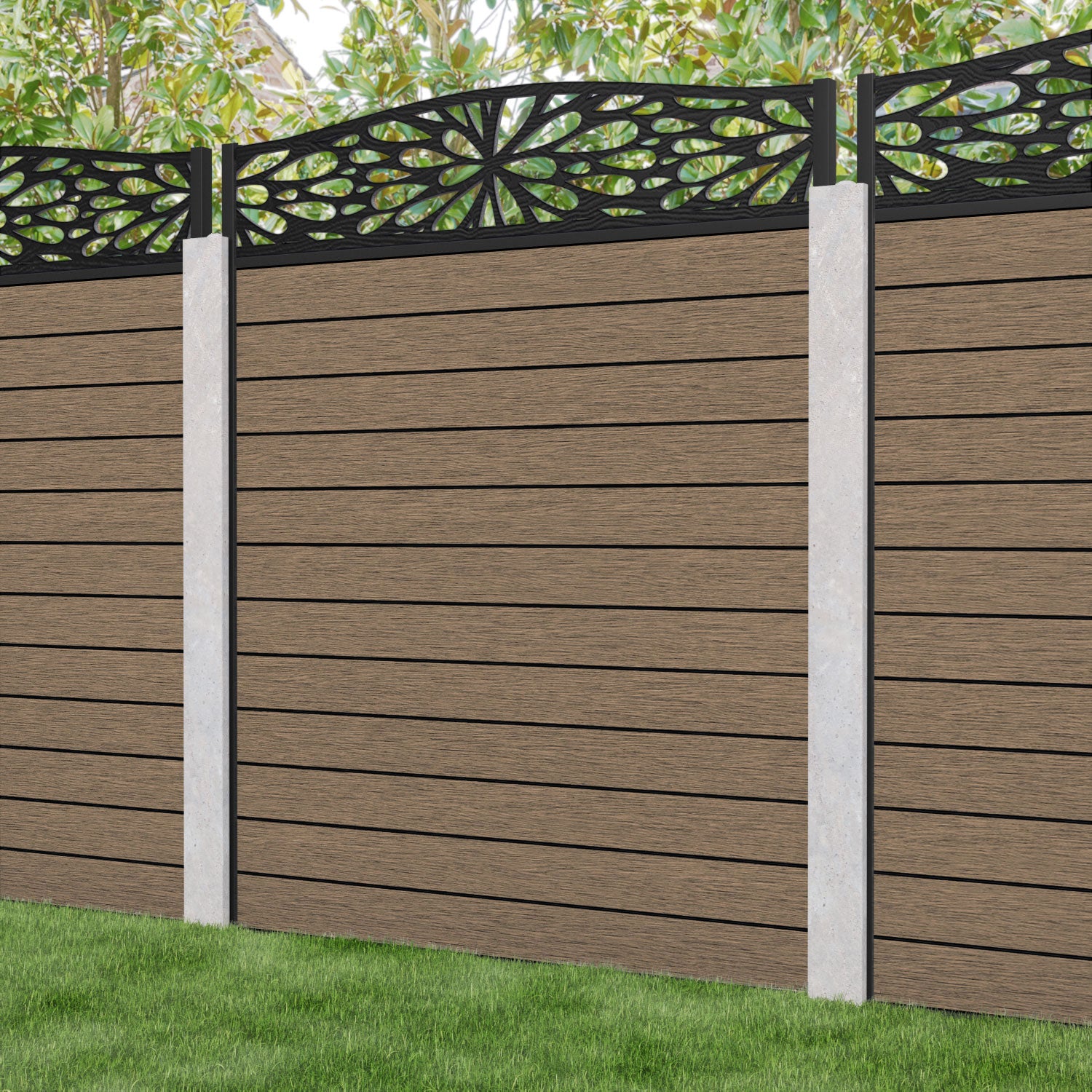 Fusion Blossom Curved Top Fence Panel - Teak - for existing concrete posts