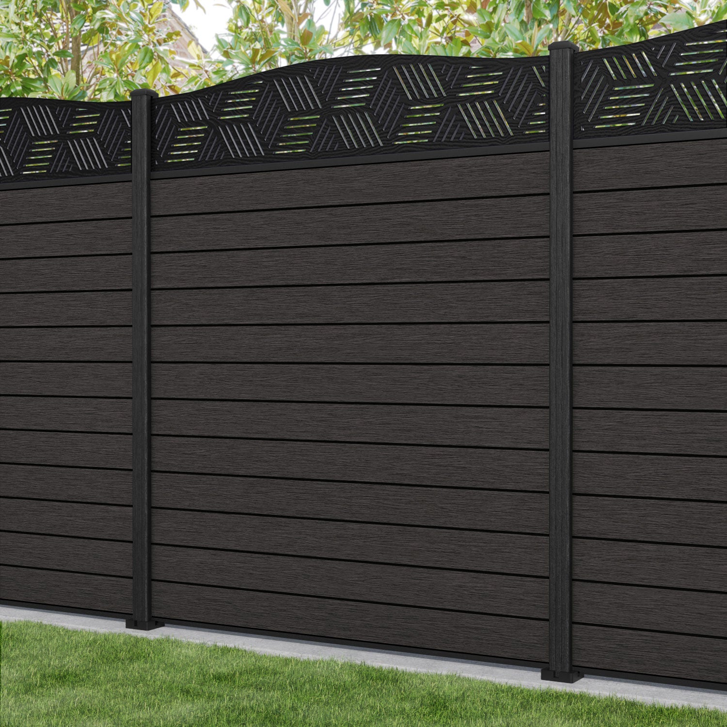 Fusion Cubed Curved Top Fence Panel - Dark Oak - with our composite posts