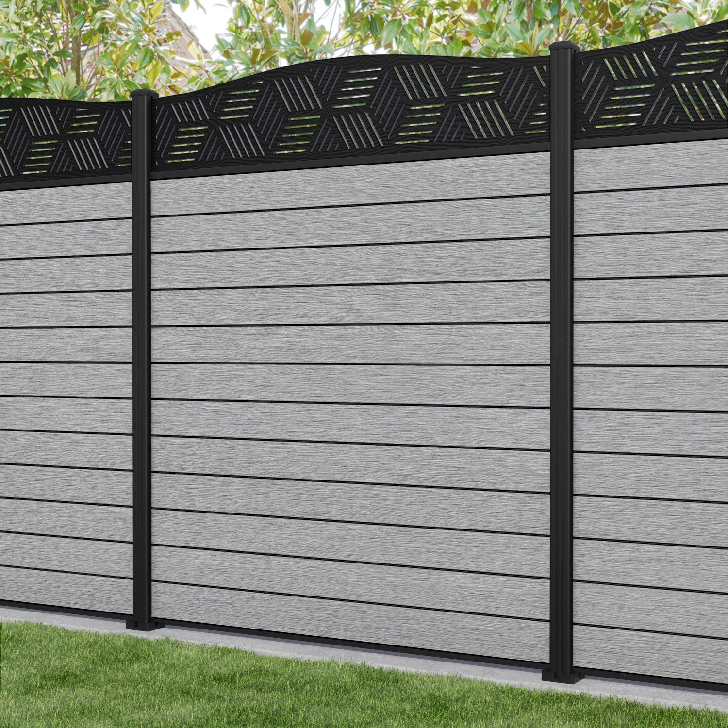 Fusion Cubed Curved Top Fence Panel - Light Grey - with our aluminium posts