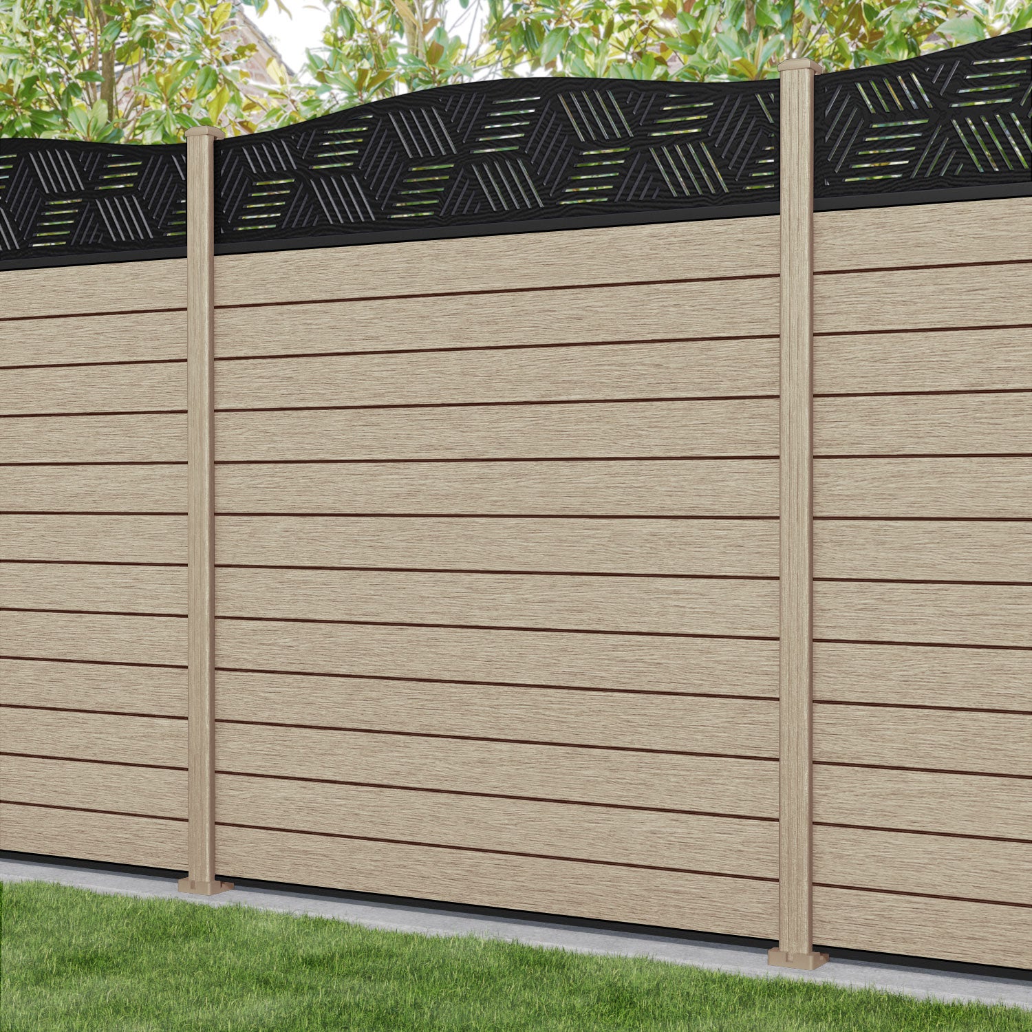 Fusion Cubed Curved Top Fence Panel - Light Oak - with our composite posts