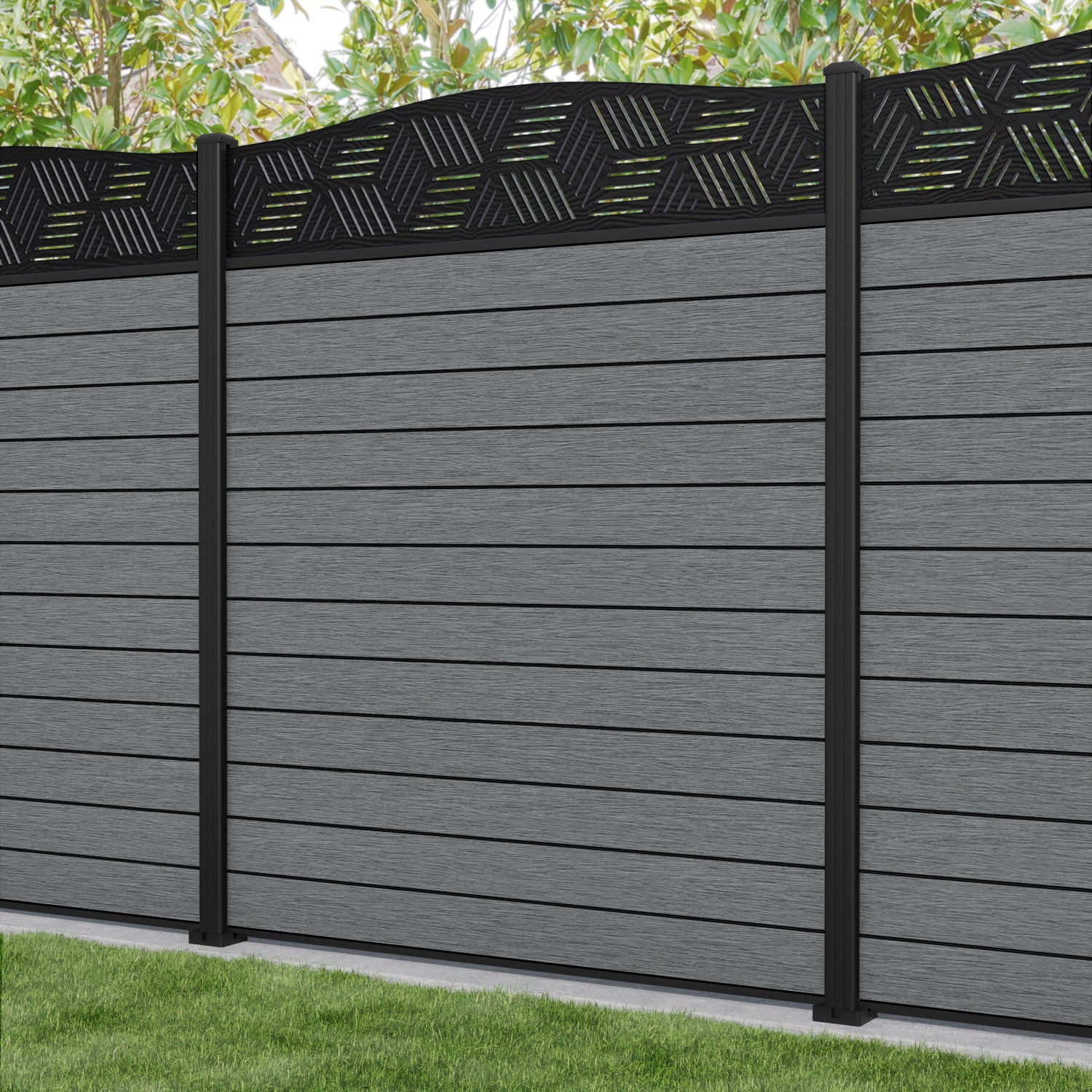 Fusion Cubed Curved Top Fence Panel - Mid Grey - with our aluminium posts
