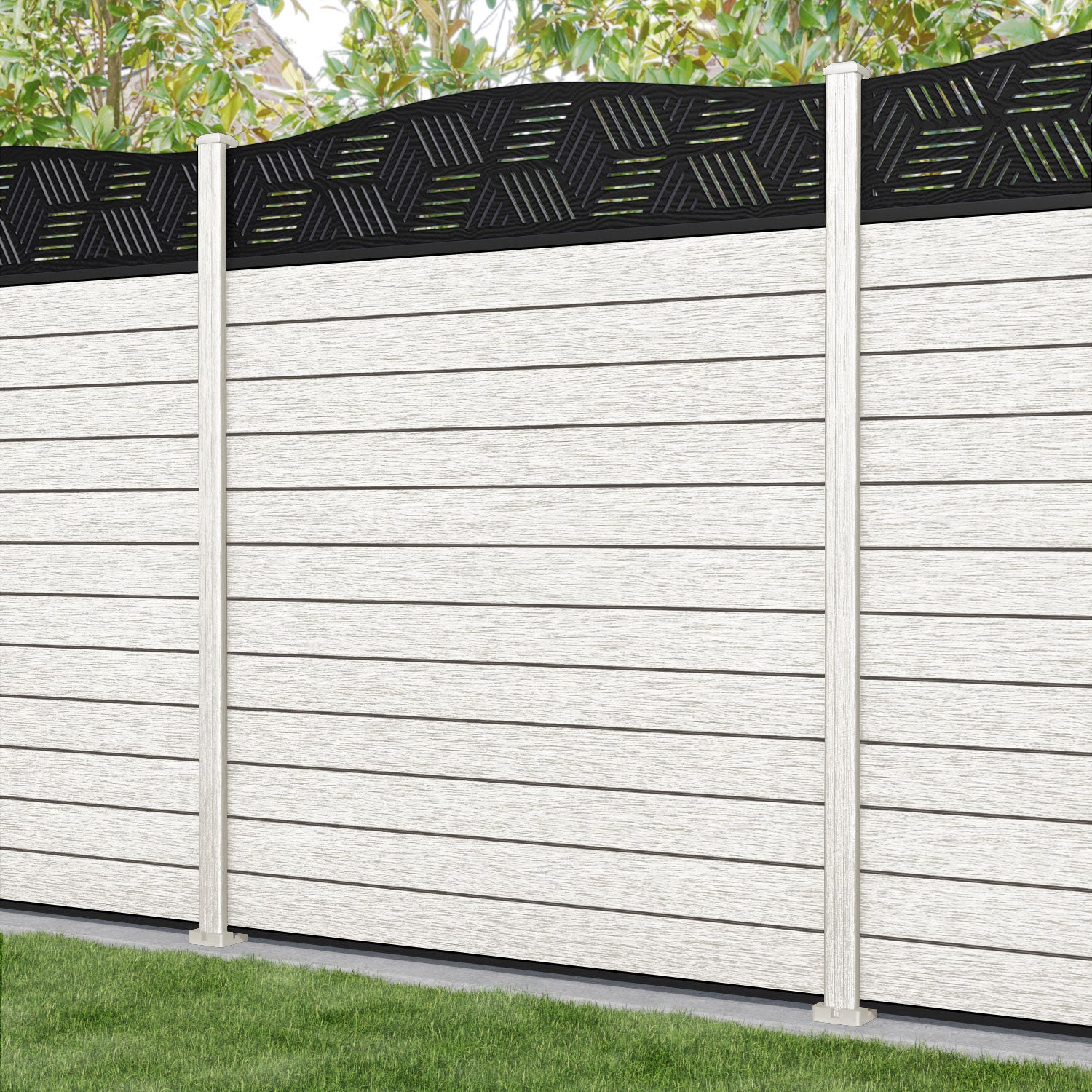 Fusion Cubed Curved Top Fence Panel - Light Stone - with our composite posts