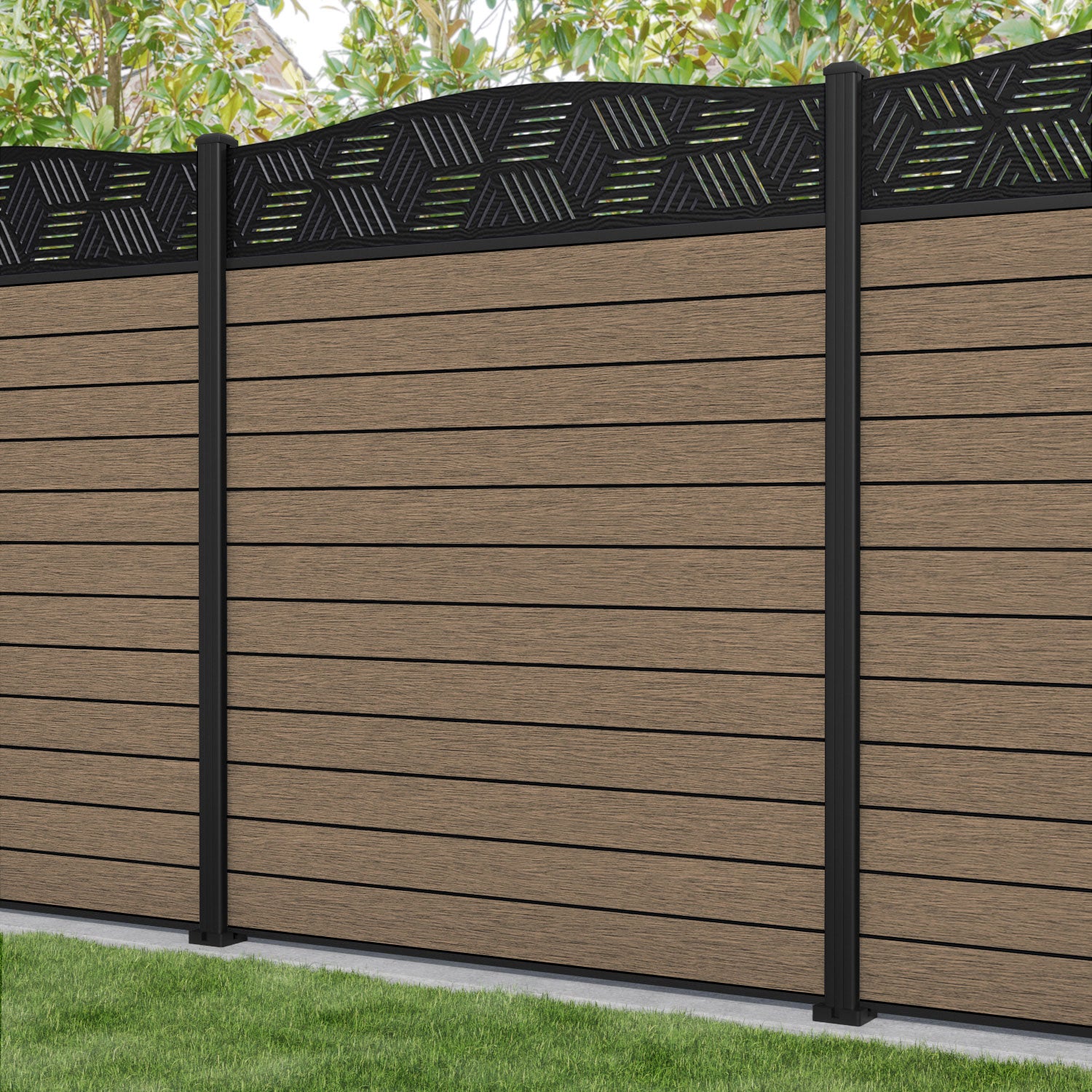 Fusion Cubed Curved Top Fence Panel - Teak - with our aluminium posts
