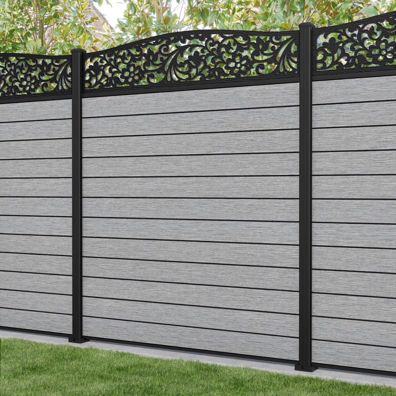 Fusion Eden Curved Top Fence Panel - Light Grey - with our aluminium posts