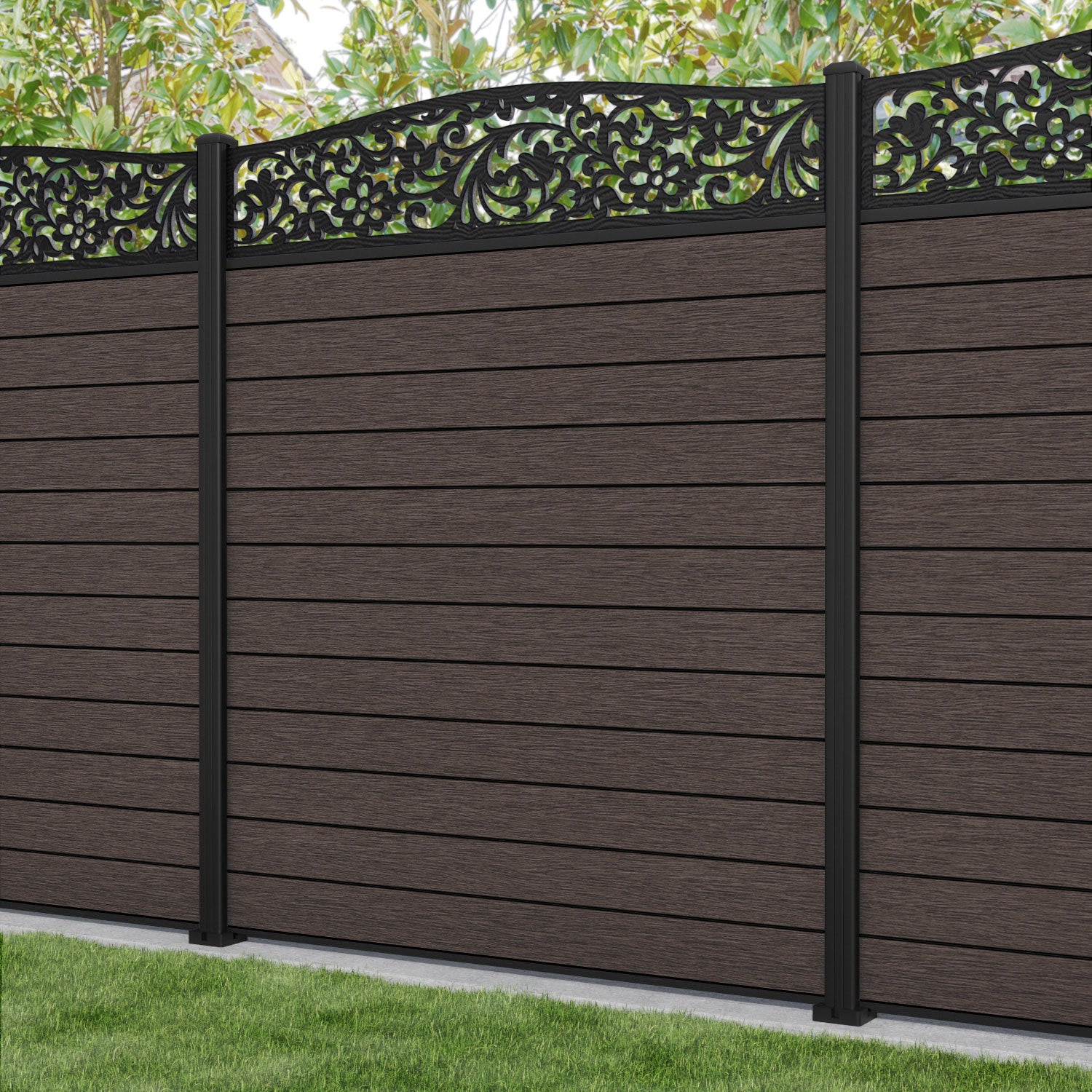 Fusion Eden Curved Top Fence Panel - Mid Brown - with our aluminium posts