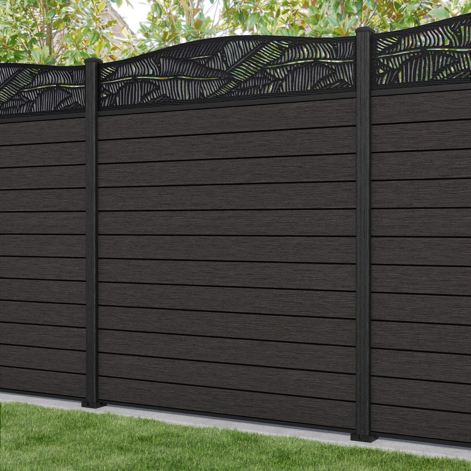 Fusion Feather Curved Top Fence Panel - Dark Oak - with our composite posts