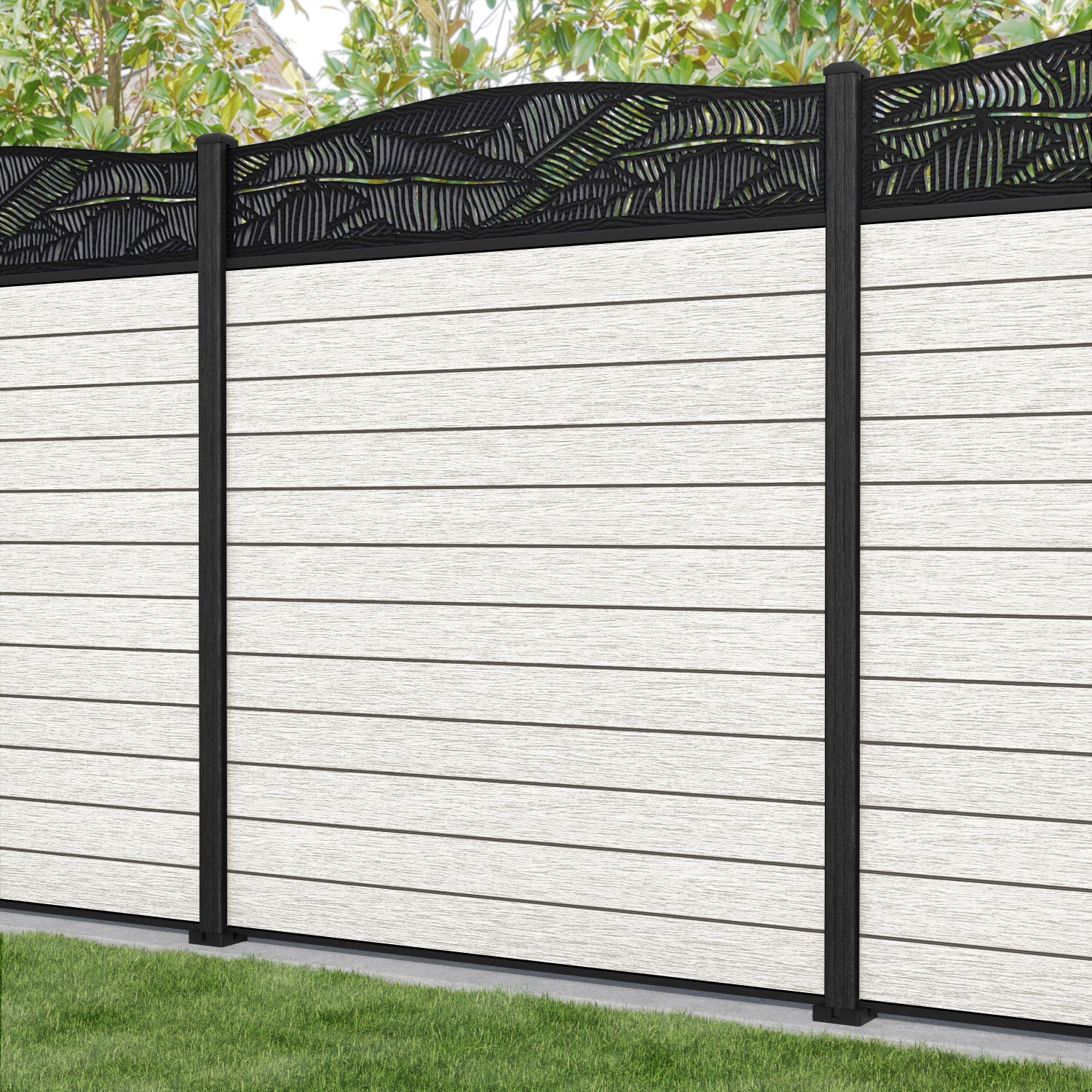 Fusion Feather Curved Top Fence Panel - Light Stone - with our composite posts
