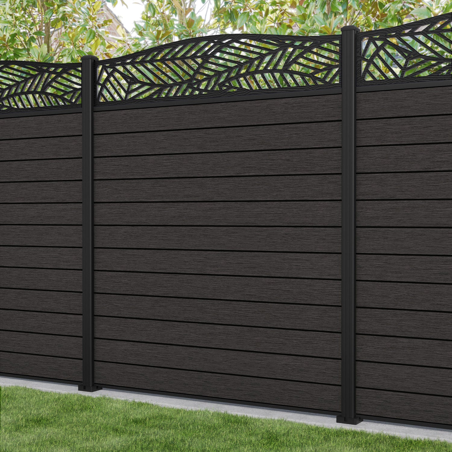 Fusion Habitat Curved Top Fence Panel - Dark Oak - with our aluminium posts