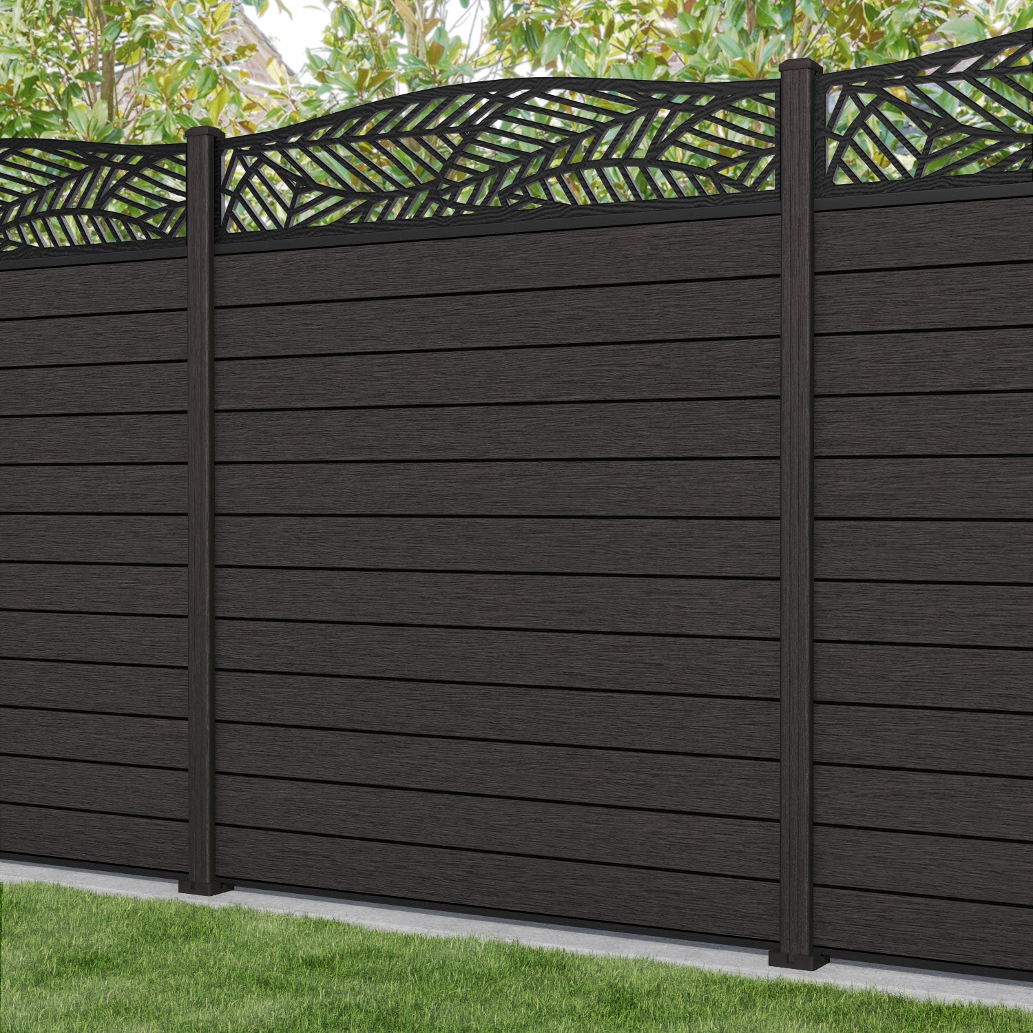 Fusion Habitat Curved Top Fence Panel - Dark Oak - with our composite posts