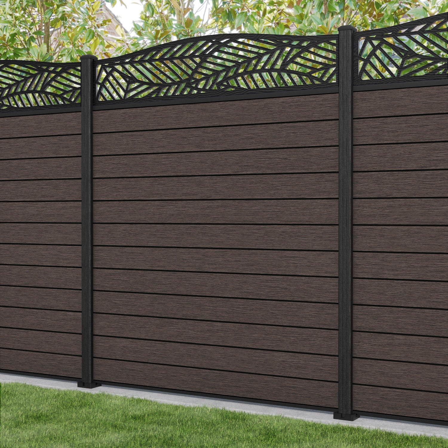 Fusion Habitat Curved Top Fence Panel - Mid Brown - with our composite posts