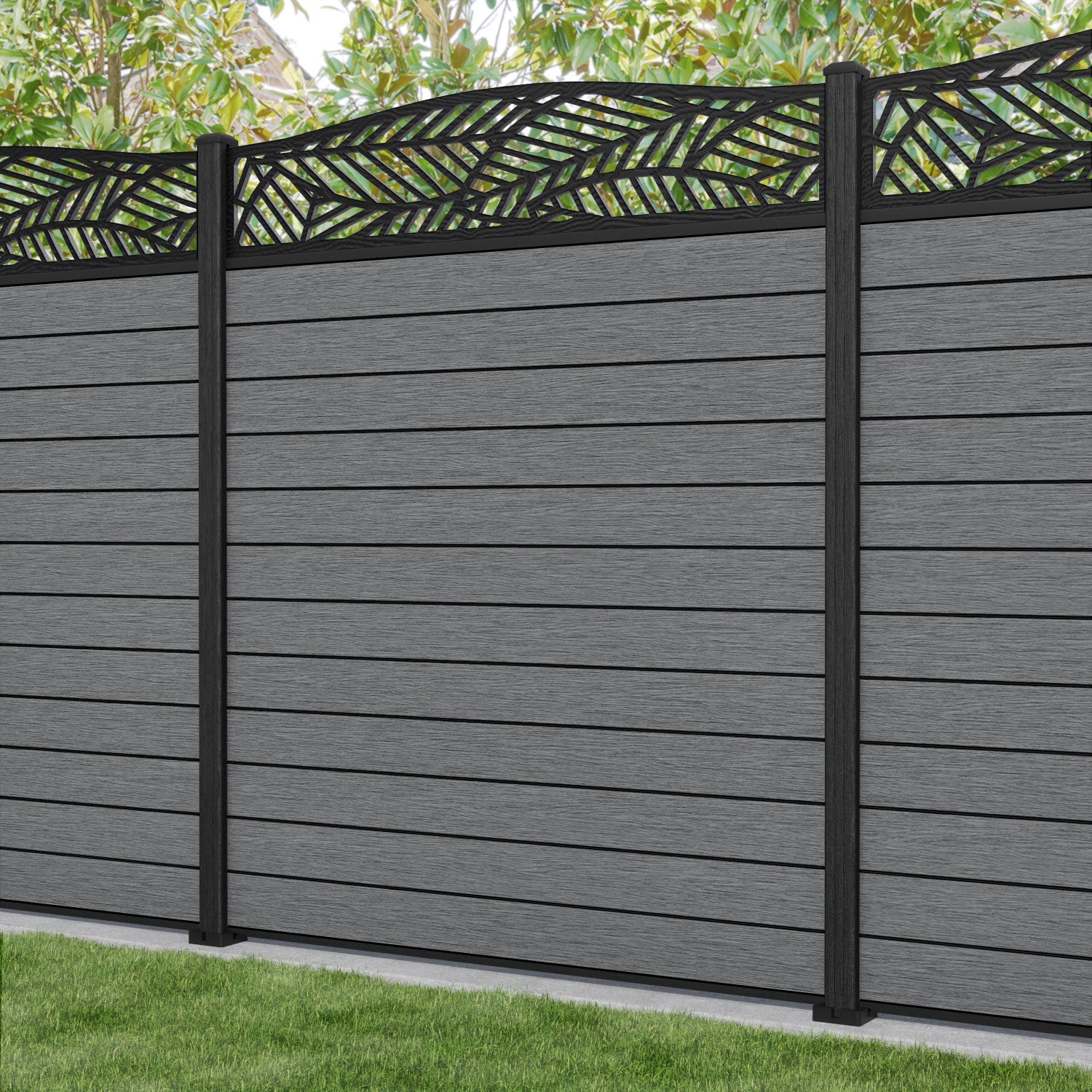 Fusion Habitat Curved Top Fence Panel - Mid Grey - with our composite posts