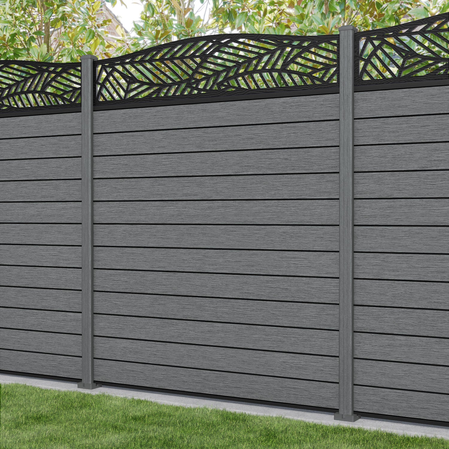 Fusion Habitat Curved Top Fence Panel - Mid Grey - with our composite posts