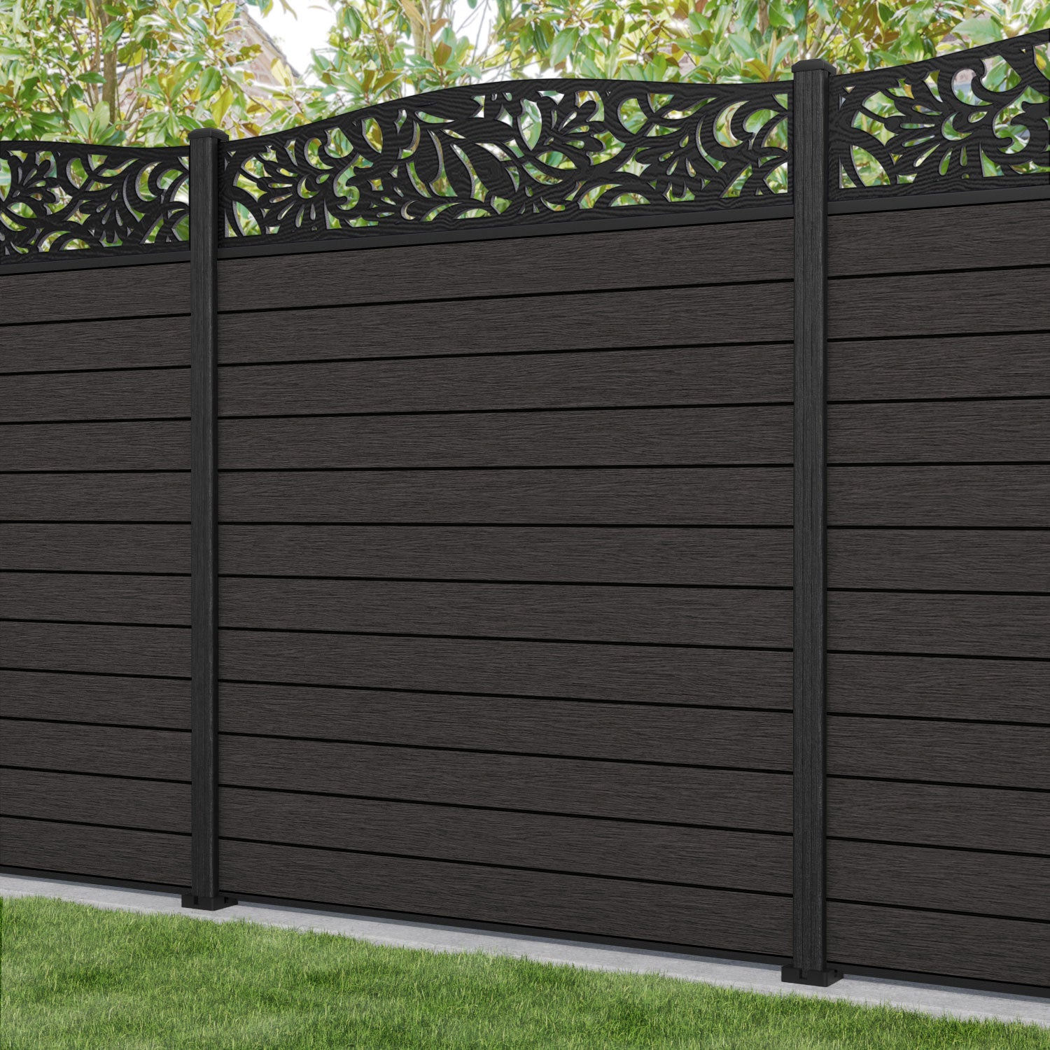 Fusion Heritage Curved Top Fence Panel - Dark Oak - with our composite posts