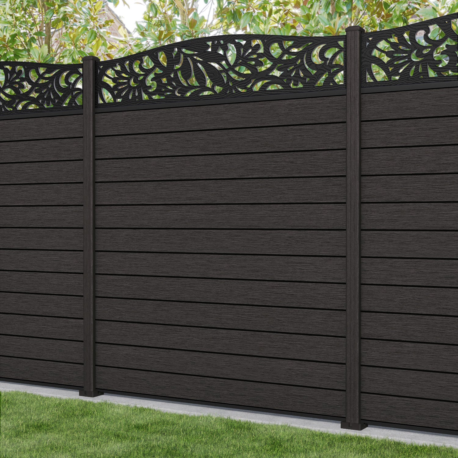 Fusion Heritage Curved Top Fence Panel - Dark Oak - with our composite posts