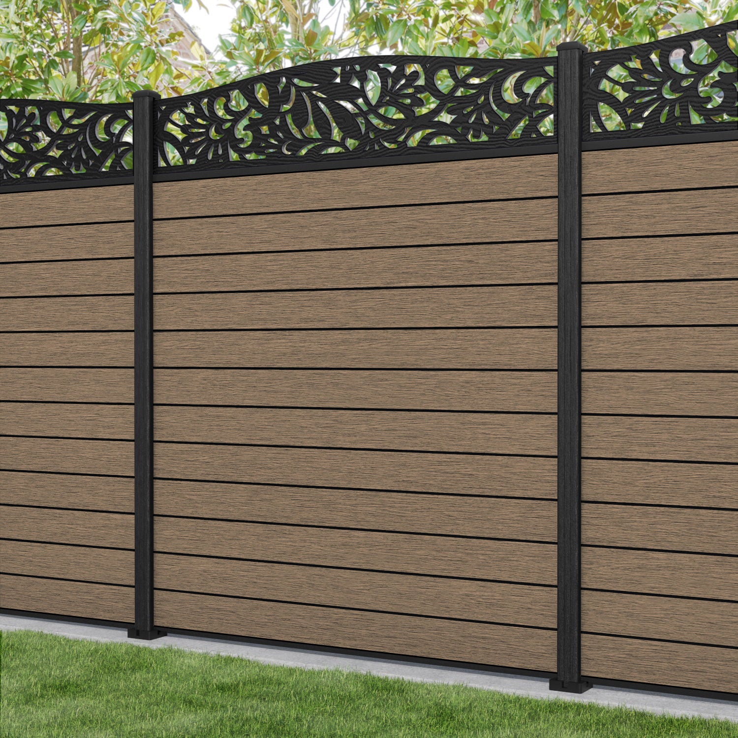 Fusion Heritage Curved Top Fence Panel - Teak - with our composite posts