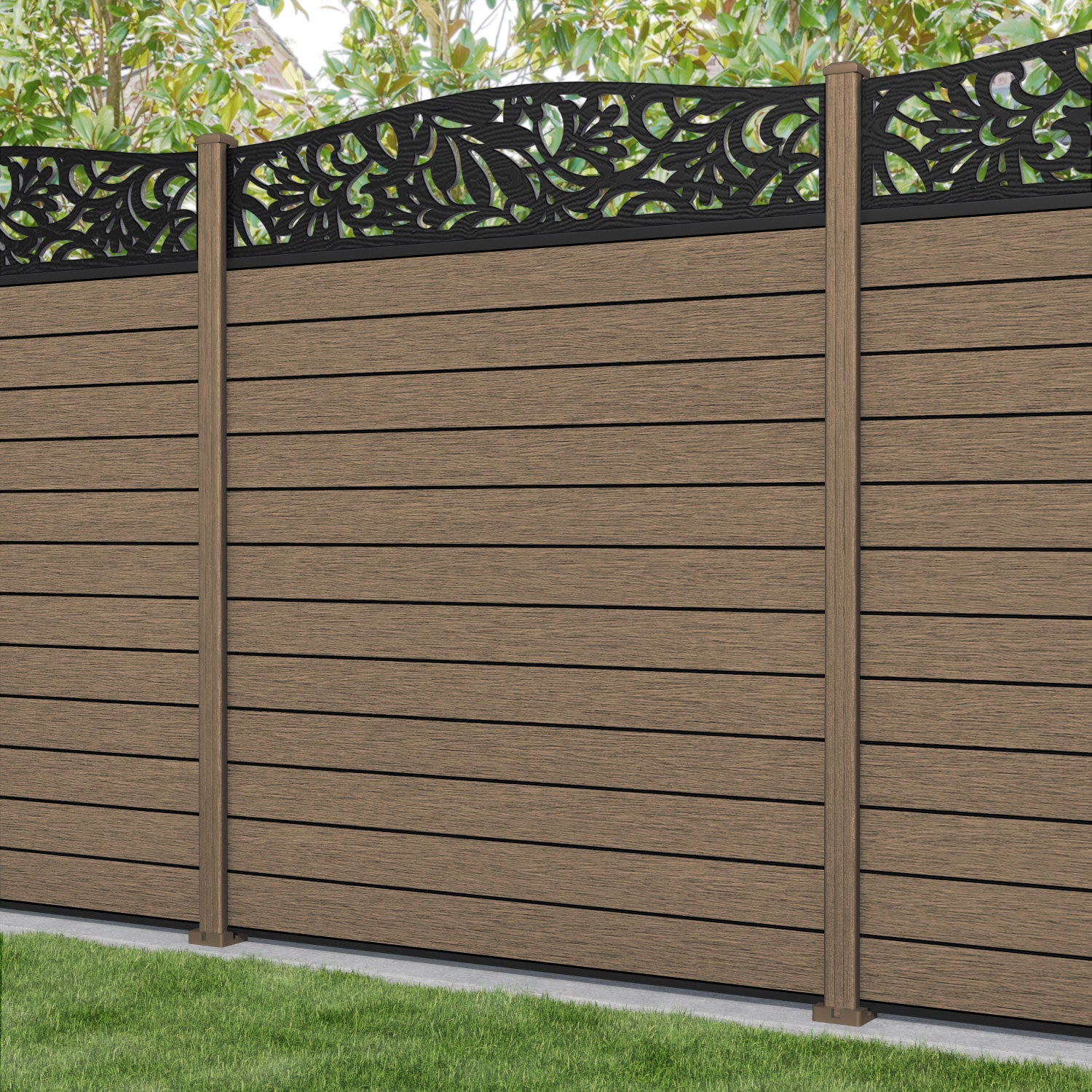 Fusion Heritage Curved Top Fence Panel - Teak - with our composite posts