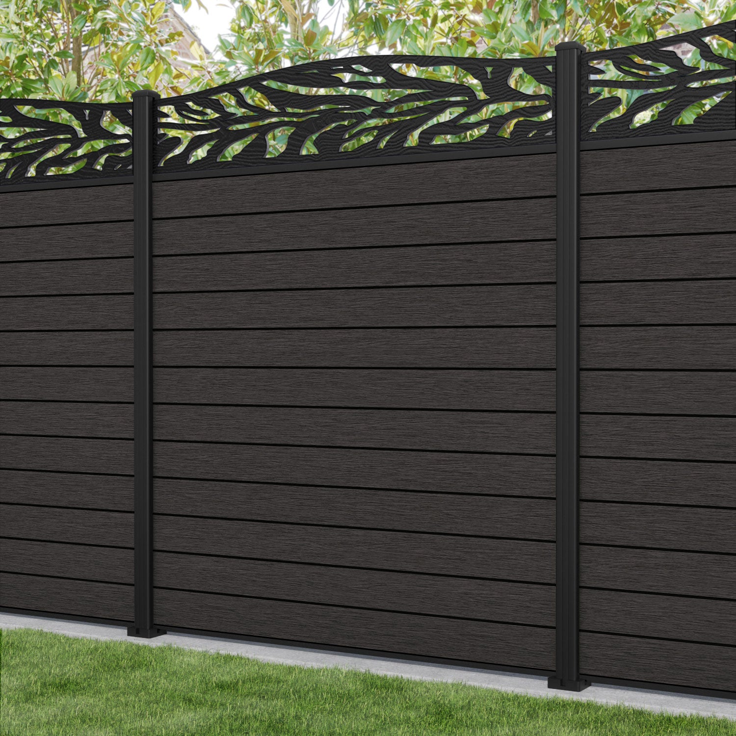 Fusion Malawi Curved Top Fence Panel - Dark Oak - with our aluminium posts