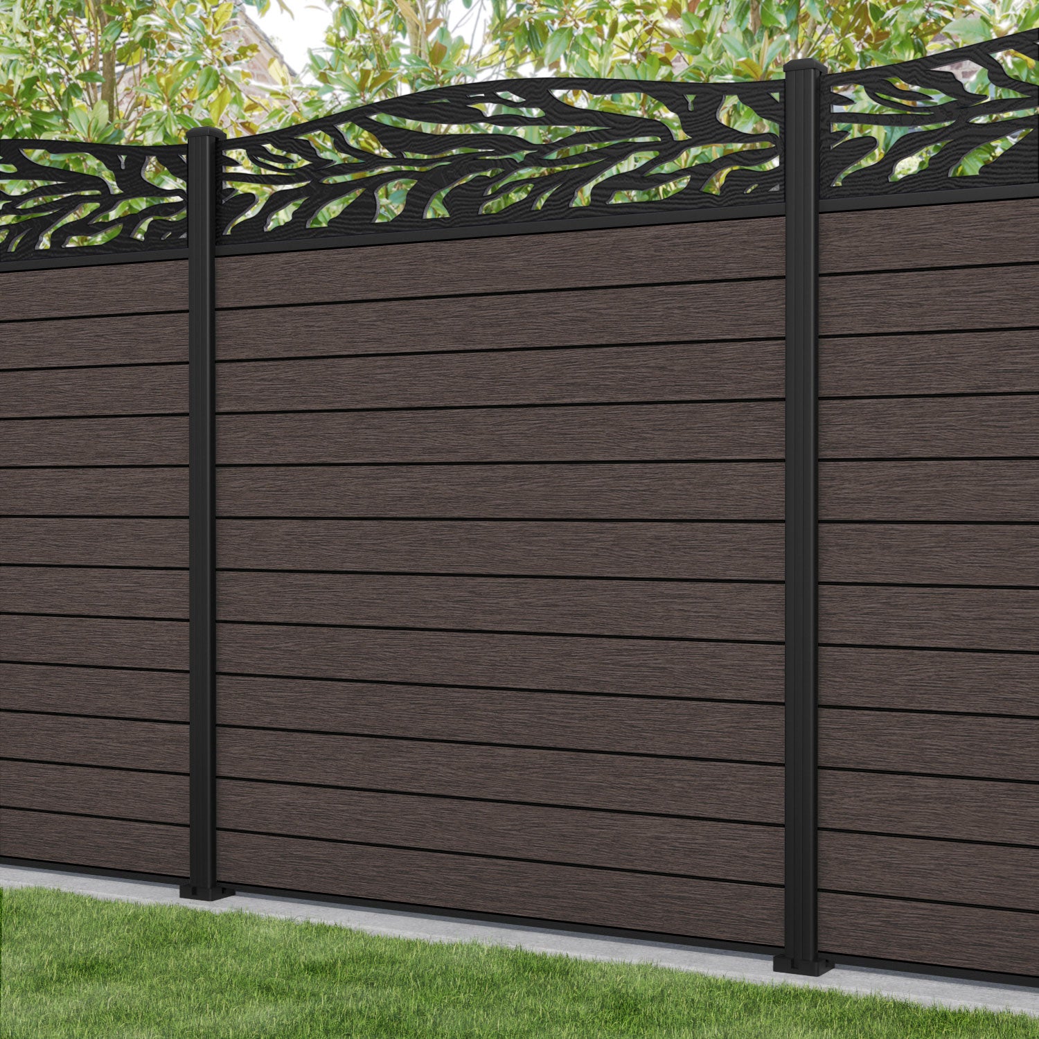 Fusion Malawi Curved Top Fence Panel - Mid Brown - with our aluminium posts