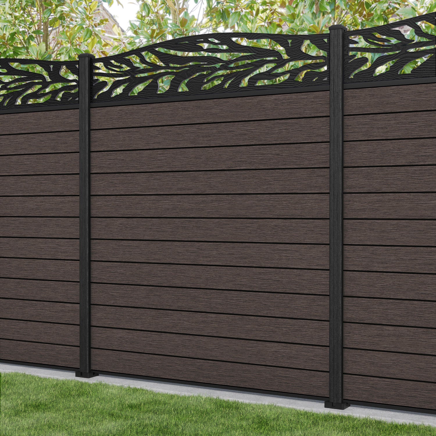 Fusion Narwa Curved Top Fence Panel - Mid Brown - with our composite posts