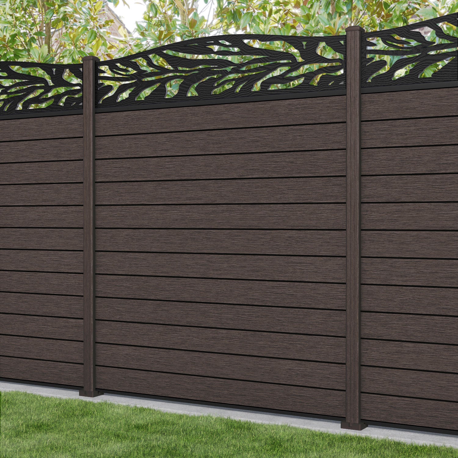 Fusion Narwa Curved Top Fence Panel - Mid Brown - with our composite posts