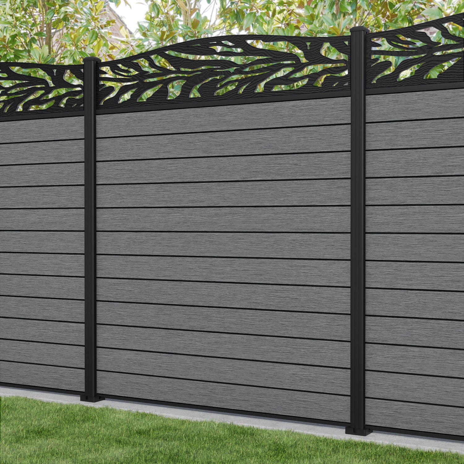 Fusion Malawi Curved Top Fence Panel - Mid Grey - with our aluminium posts