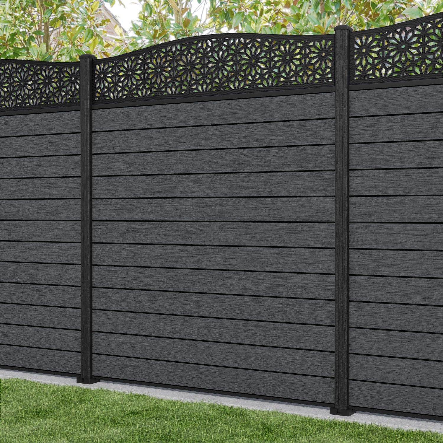 Fusion Narwa Curved Top Fence Panel - Dark Grey - with our composite posts