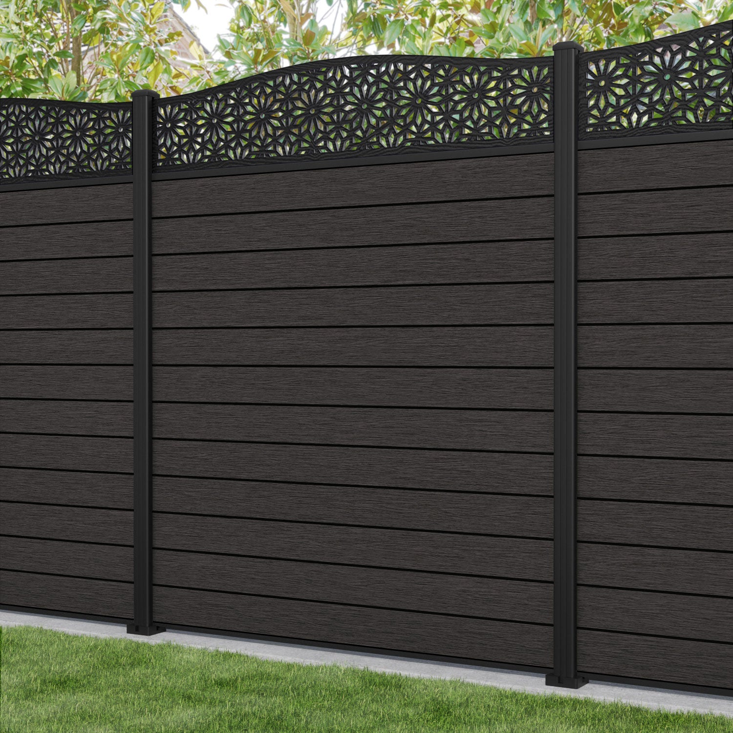 Fusion Narwa Curved Top Fence Panel - Dark Oak - with our aluminium posts