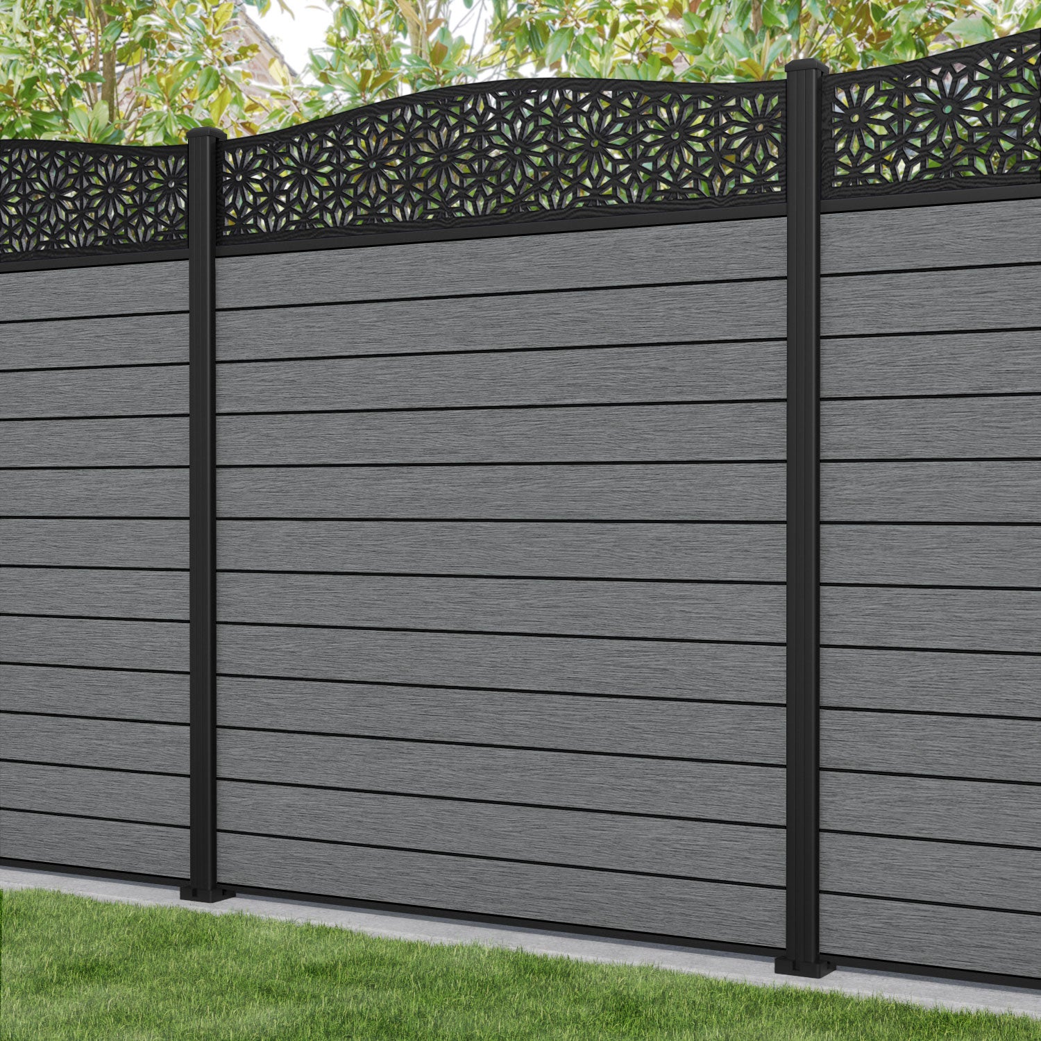 Fusion Narwa Curved Top Fence Panel - Mid Grey - with our aluminium posts