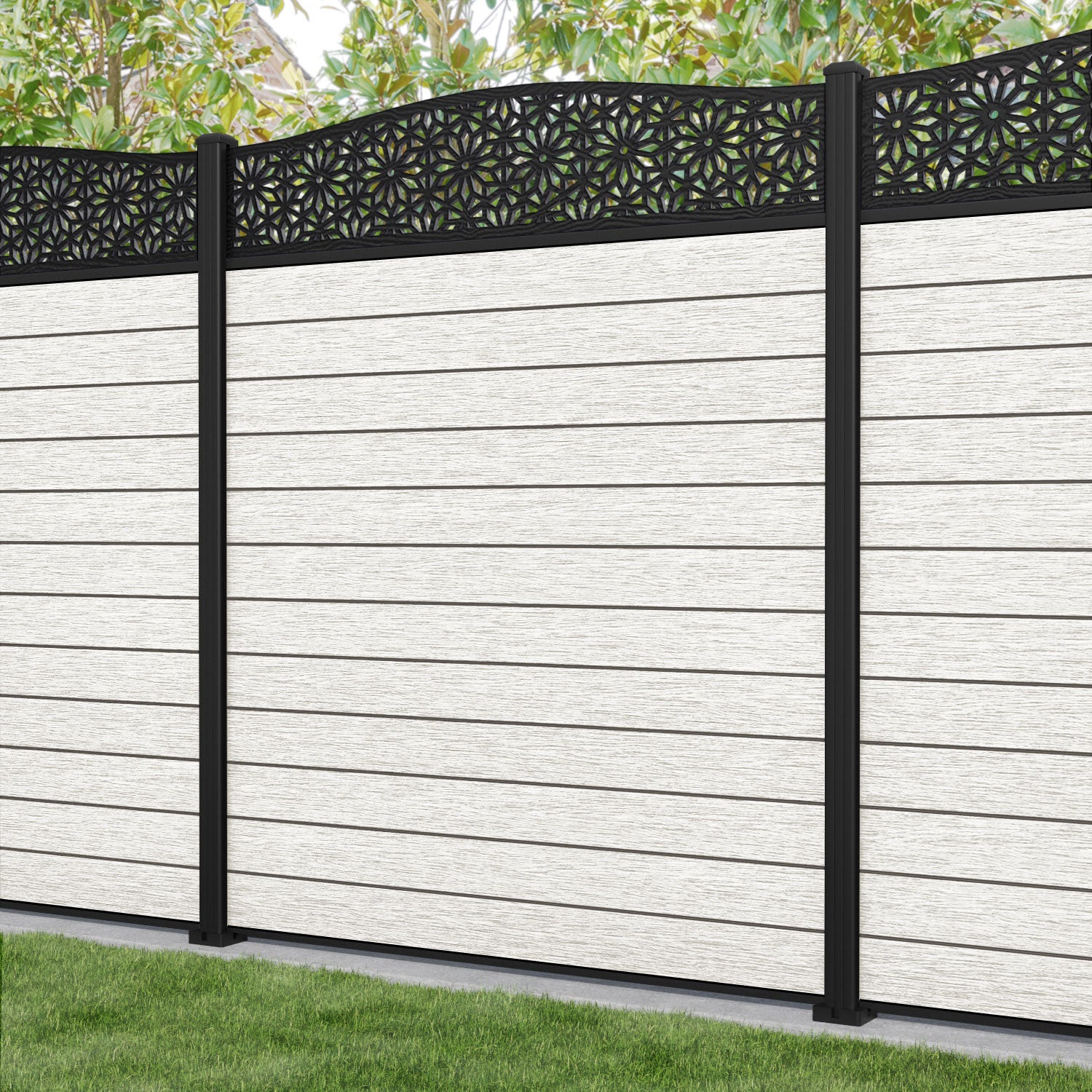 Fusion Narwa Curved Top Fence Panel - Light Stone - with our aluminium posts