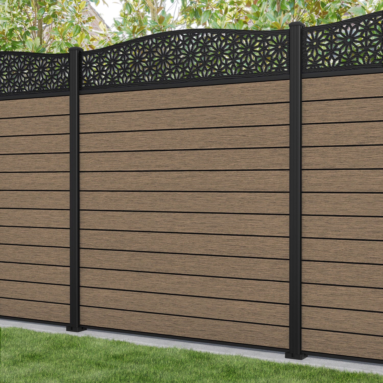 Fusion Narwa Curved Top Fence Panel - Teak - with our aluminium posts