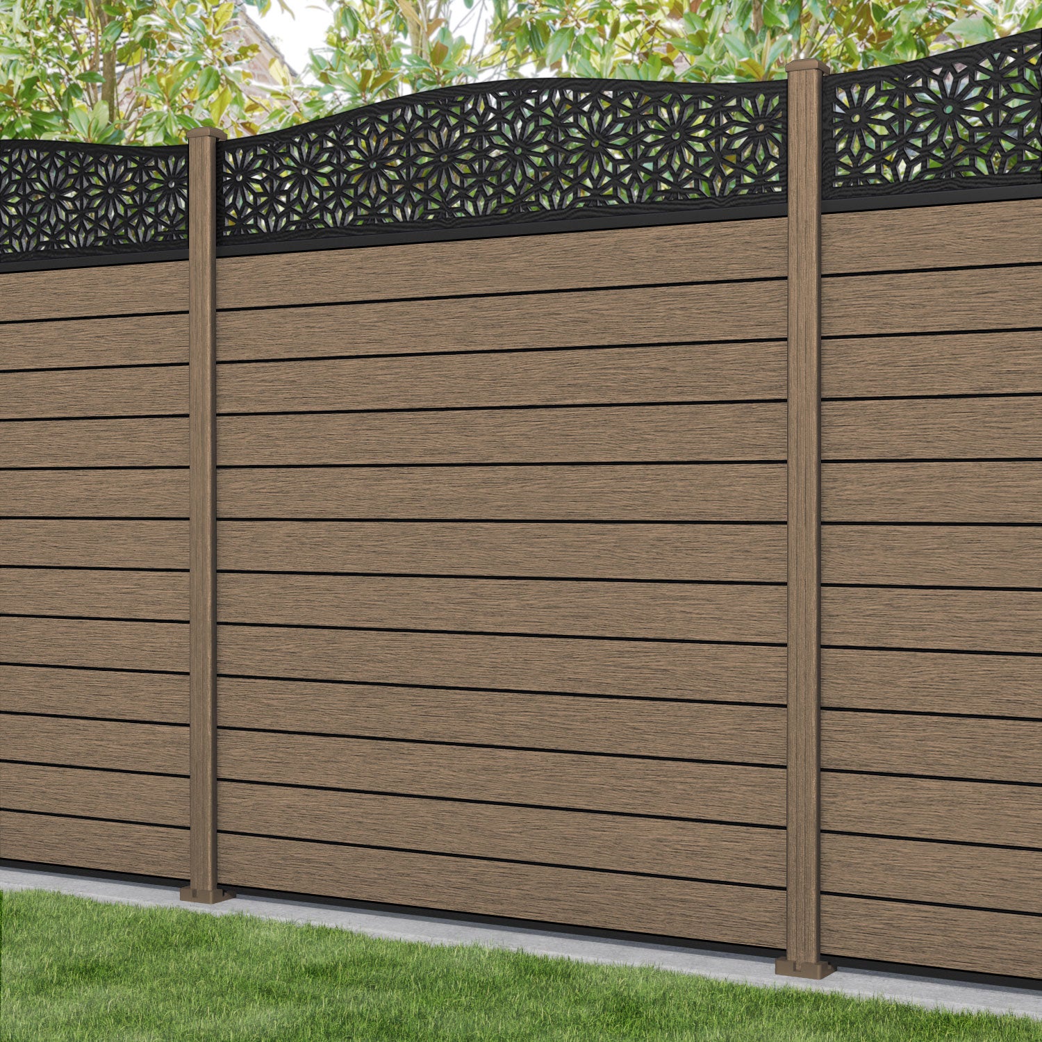 Fusion Narwa Curved Top Fence Panel - Teak - with our composite posts