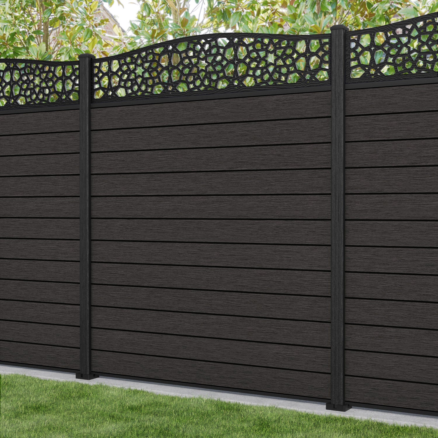 Fusion Nazira Curved Top Fence Panel - Dark Oak - with our composite posts