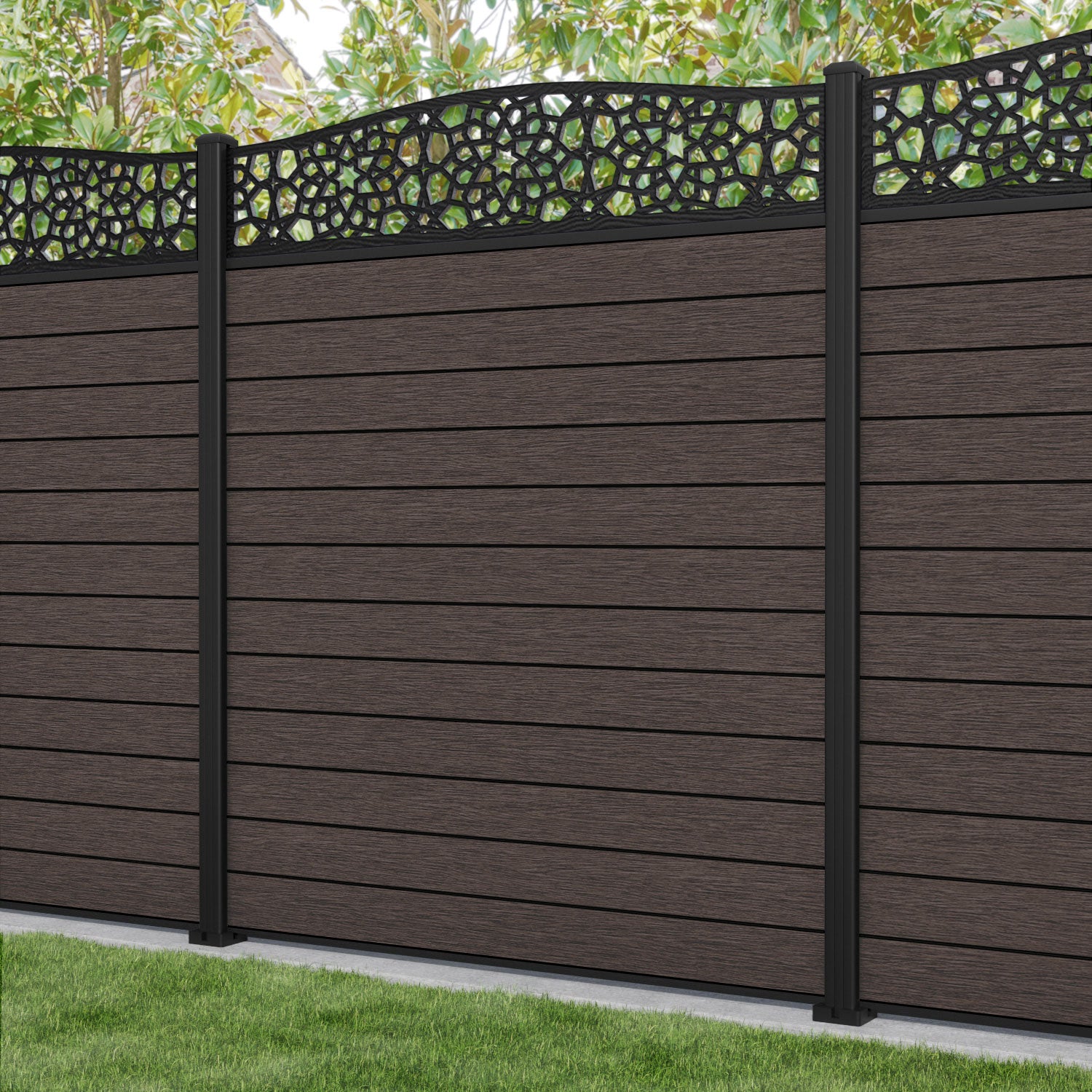 Fusion Nazira Curved Top Fence Panel - Mid Brown - with our aluminium posts