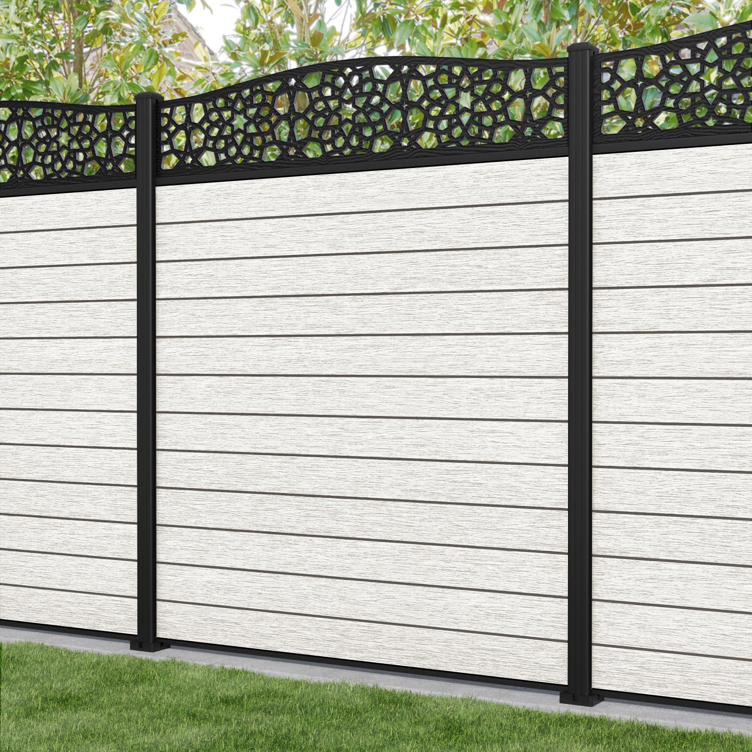 Fusion Nazira Curved Top Fence Panel - Light Stone - with our aluminium posts