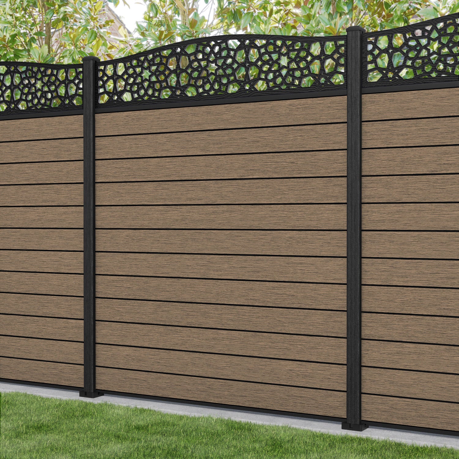 Fusion Nazira Curved Top Fence Panel - Teak - with our composite posts