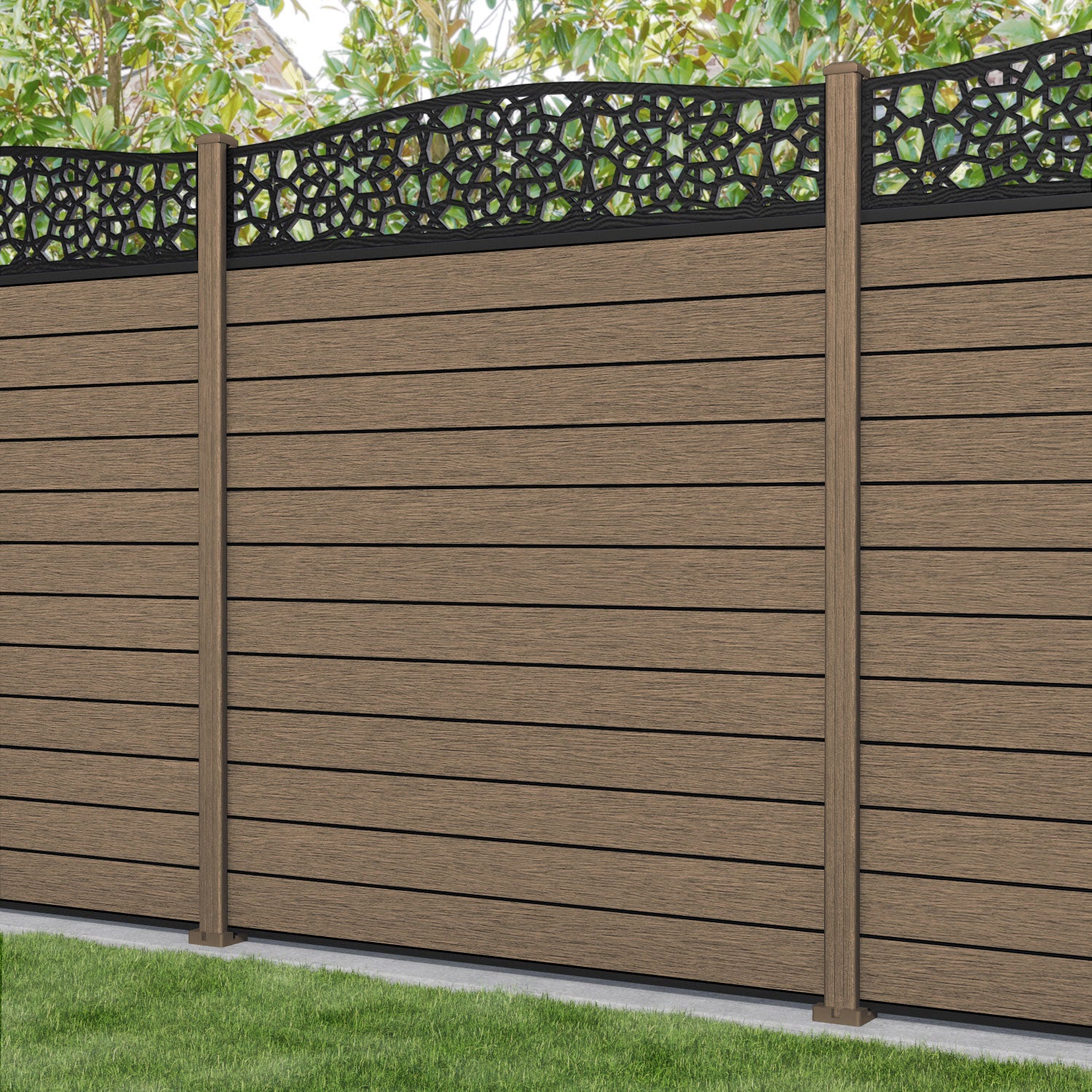 Fusion Nazira Curved Top Fence Panel - Teak - with our composite posts