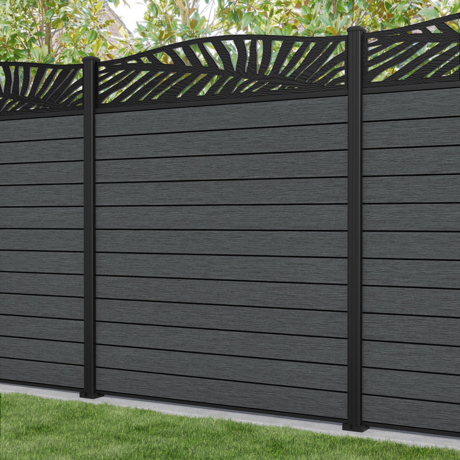 Fusion Palm Curved Top Fence Panel - Dark Grey - with our aluminium posts