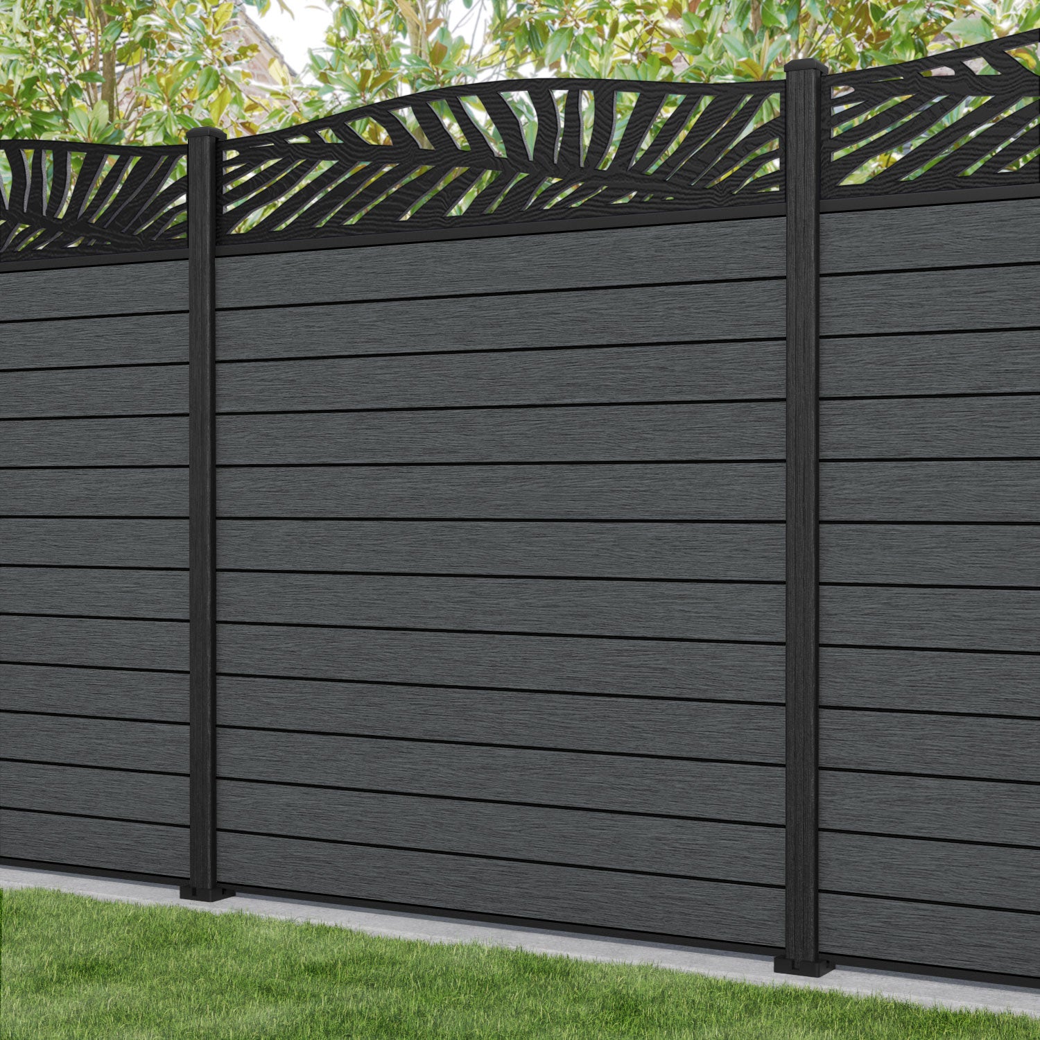 Fusion Palm Curved Top Fence Panel - Dark Grey - with our composite posts