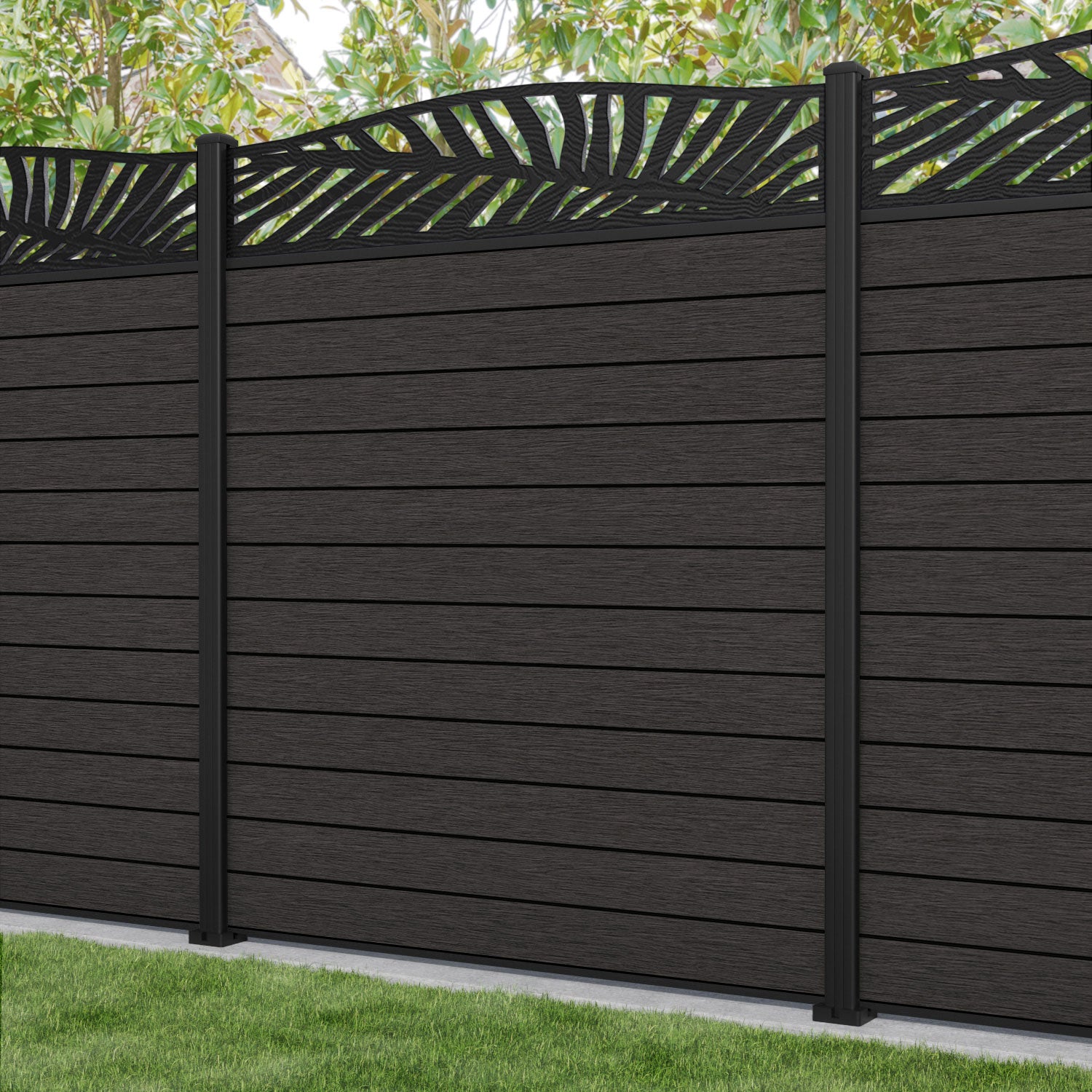 Fusion Palm Curved Top Fence Panel - Dark Oak - with our aluminium posts