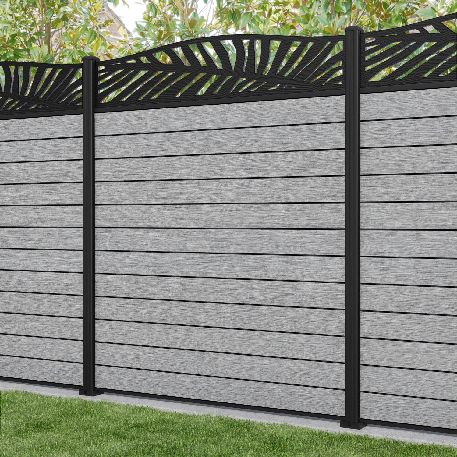 Fusion Palm Curved Top Fence Panel - Light Grey - with our aluminium posts