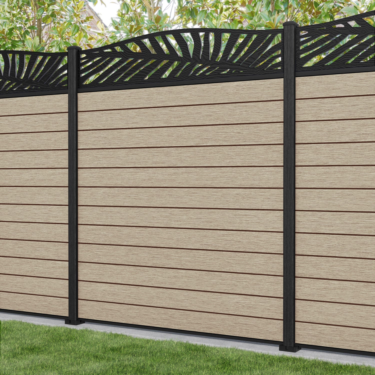 Fusion Palm Curved Top Fence Panel - Light Oak - with our composite posts