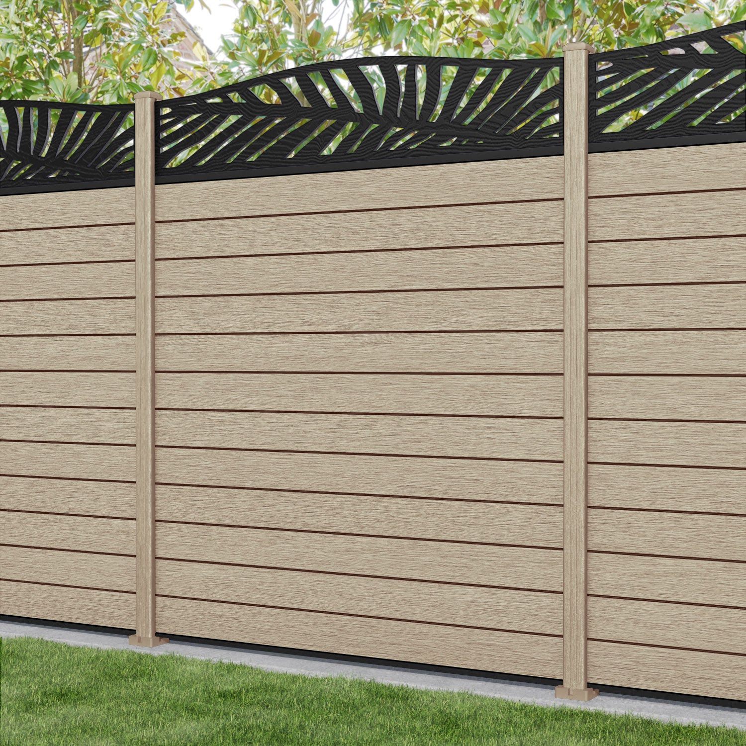 Fusion Palm Curved Top Fence Panel - Light Oak - with our composite posts