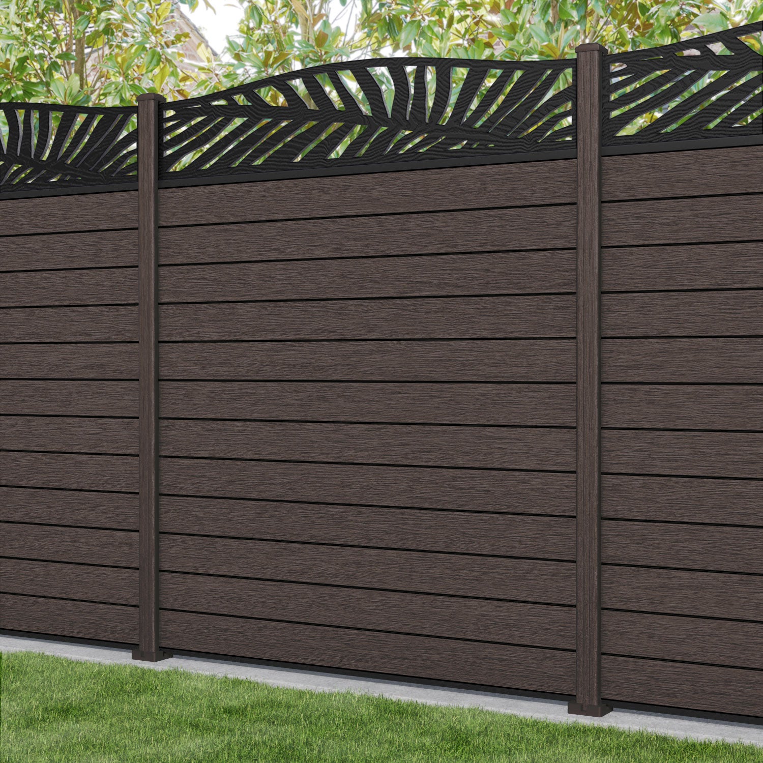 Fusion Palm Curved Top Fence Panel - Mid Brown - with our composite posts