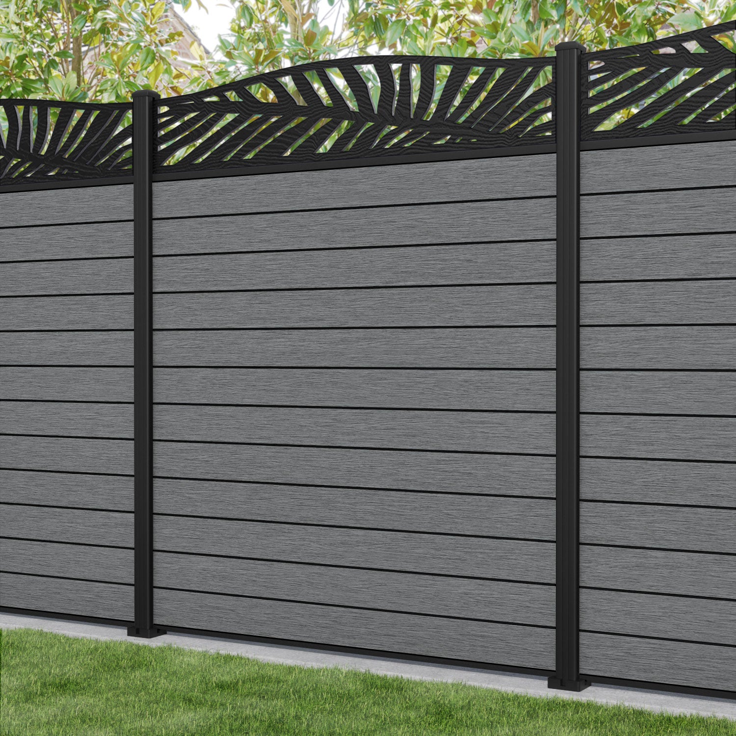Fusion Palm Curved Top Fence Panel - Mid Grey - with our aluminium posts