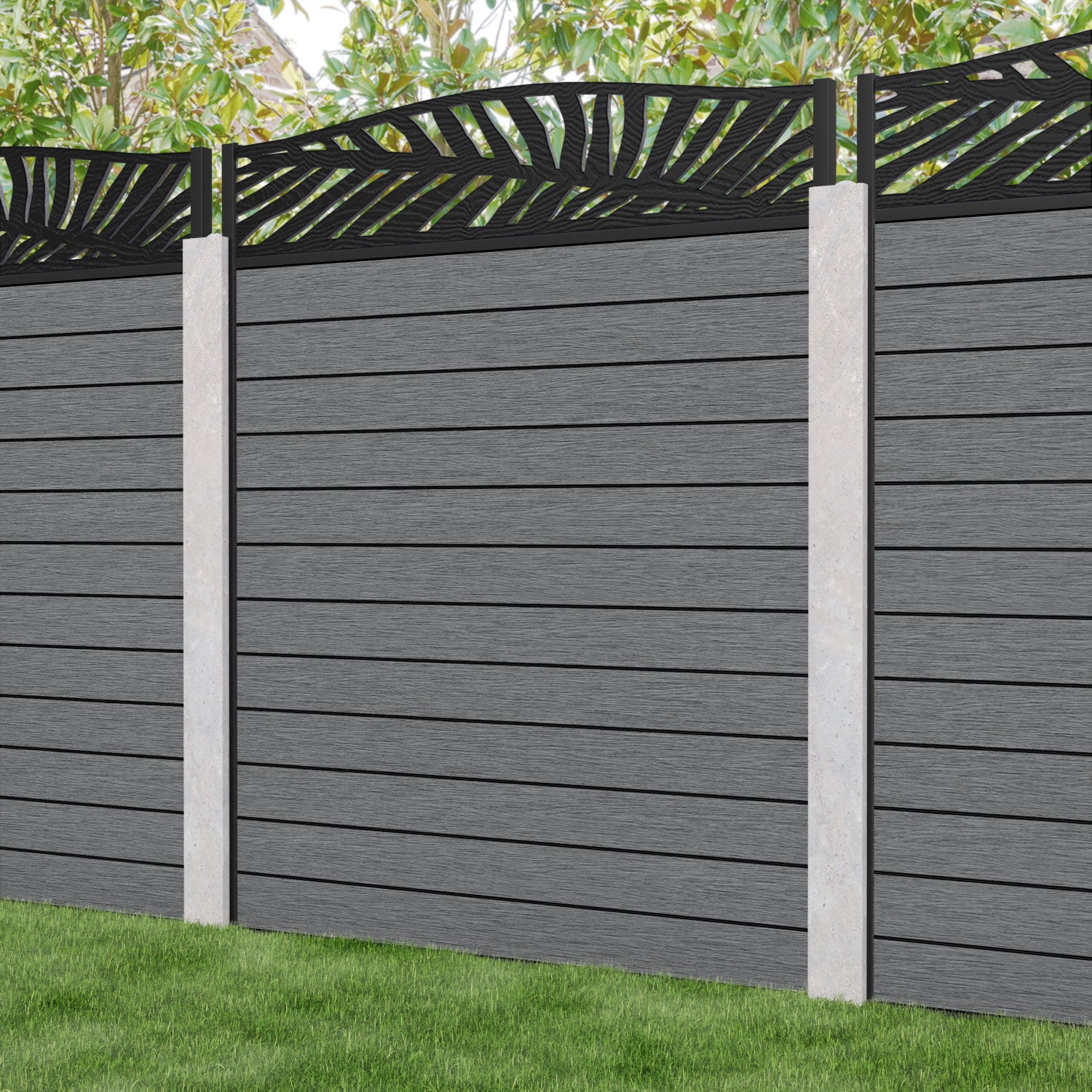 Fusion Palm Curved Top Fence Panel - Mid Grey - for existing concrete posts
