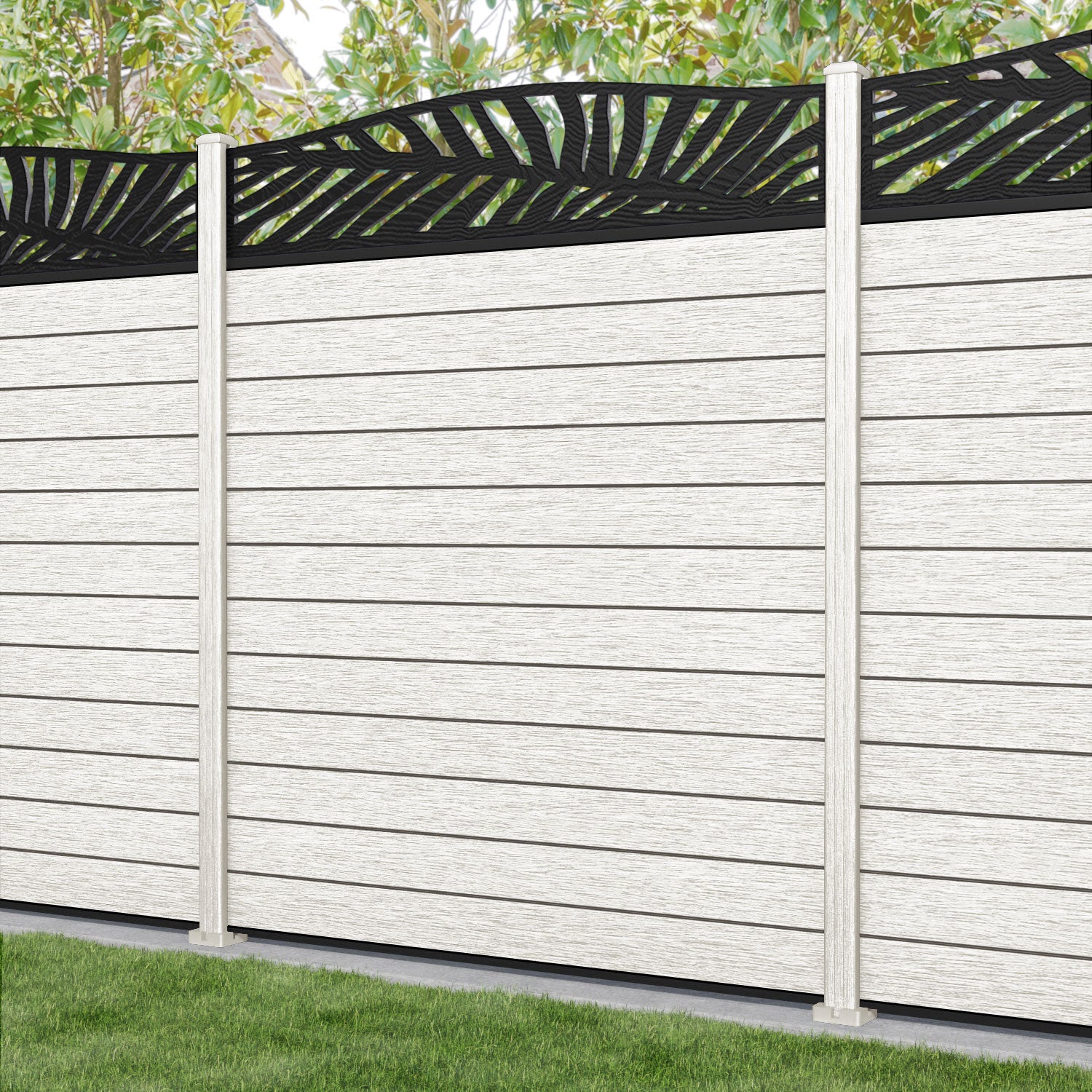 Fusion Palm Curved Top Fence Panel - Light Stone - with our composite posts