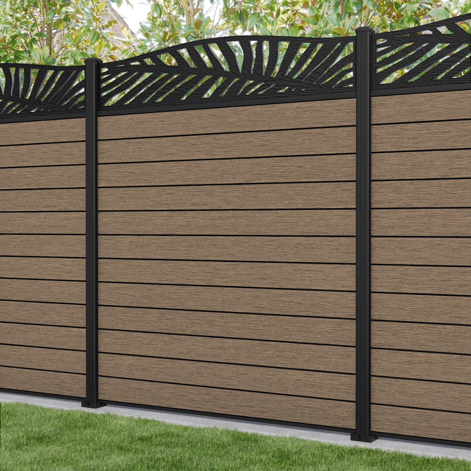 Fusion Palm Curved Top Fence Panel - Teak - with our aluminium posts