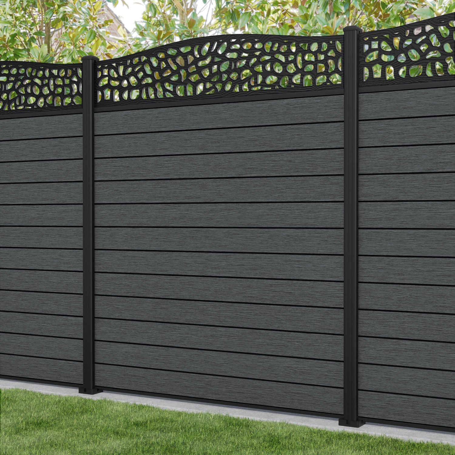 Fusion Pebble Curved Top Fence Panel - Dark Grey - with our aluminium posts