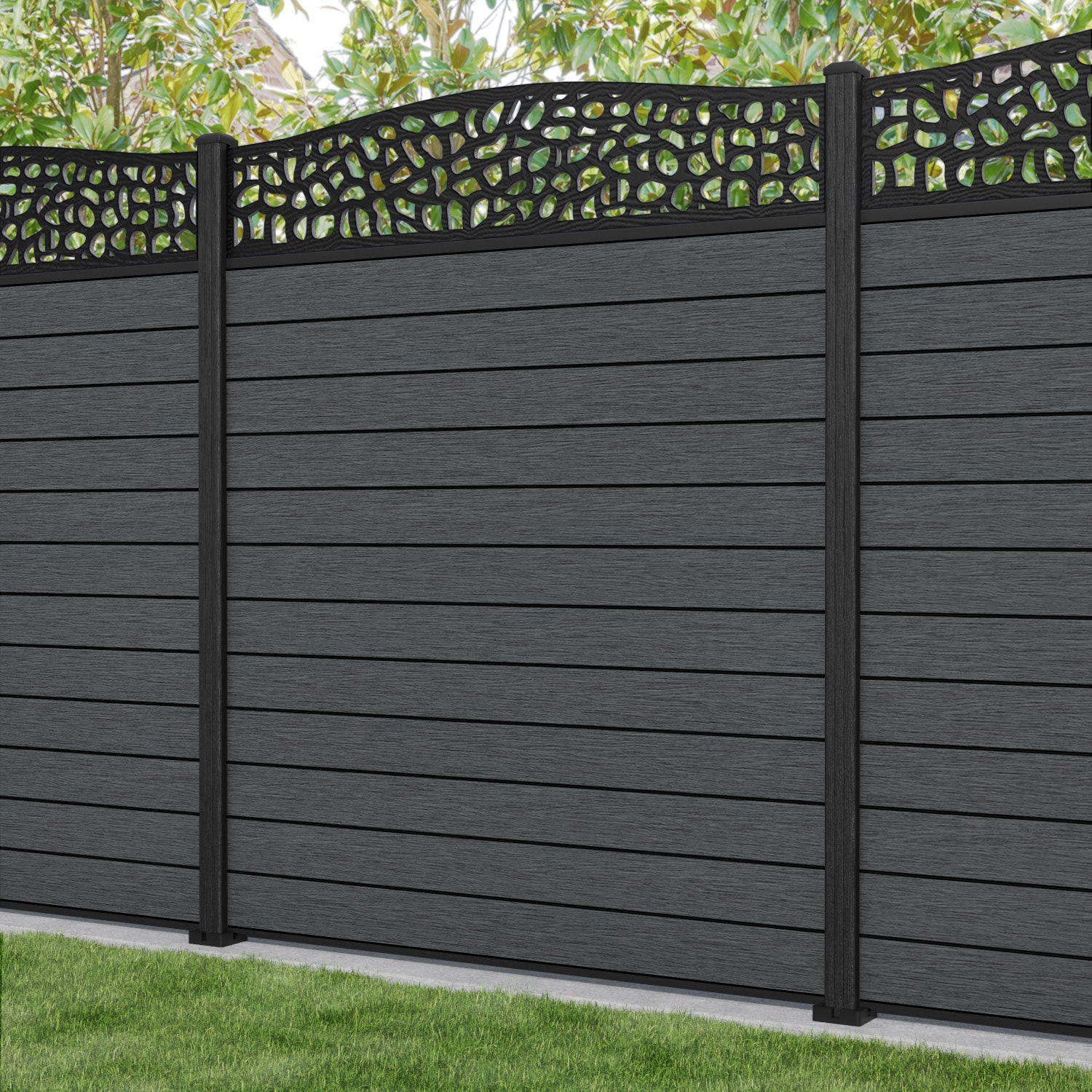 Fusion Pebble Curved Top Fence Panel - Dark Grey - with our composite posts