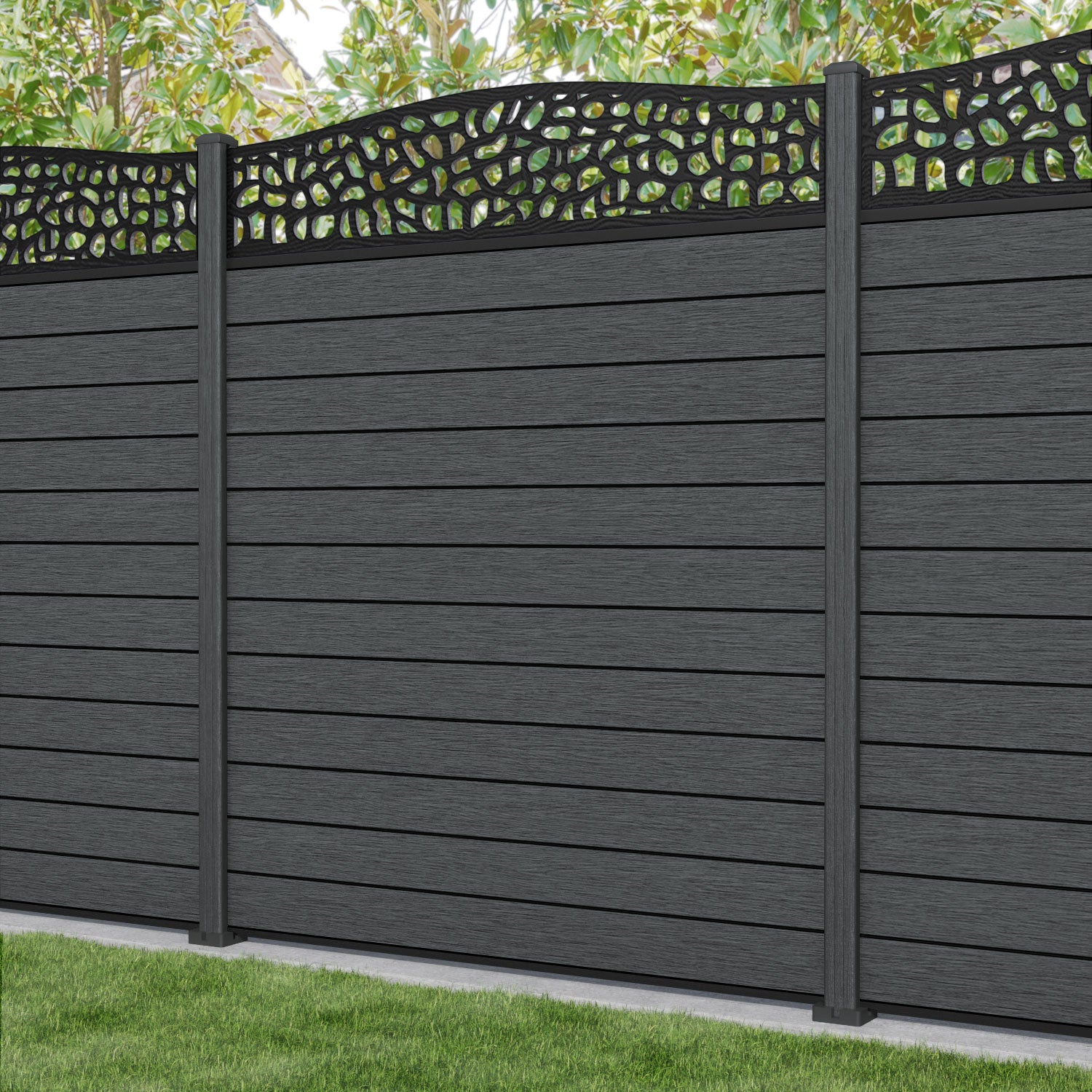 Fusion Pebble Curved Top Fence Panel - Dark Grey - with our composite posts